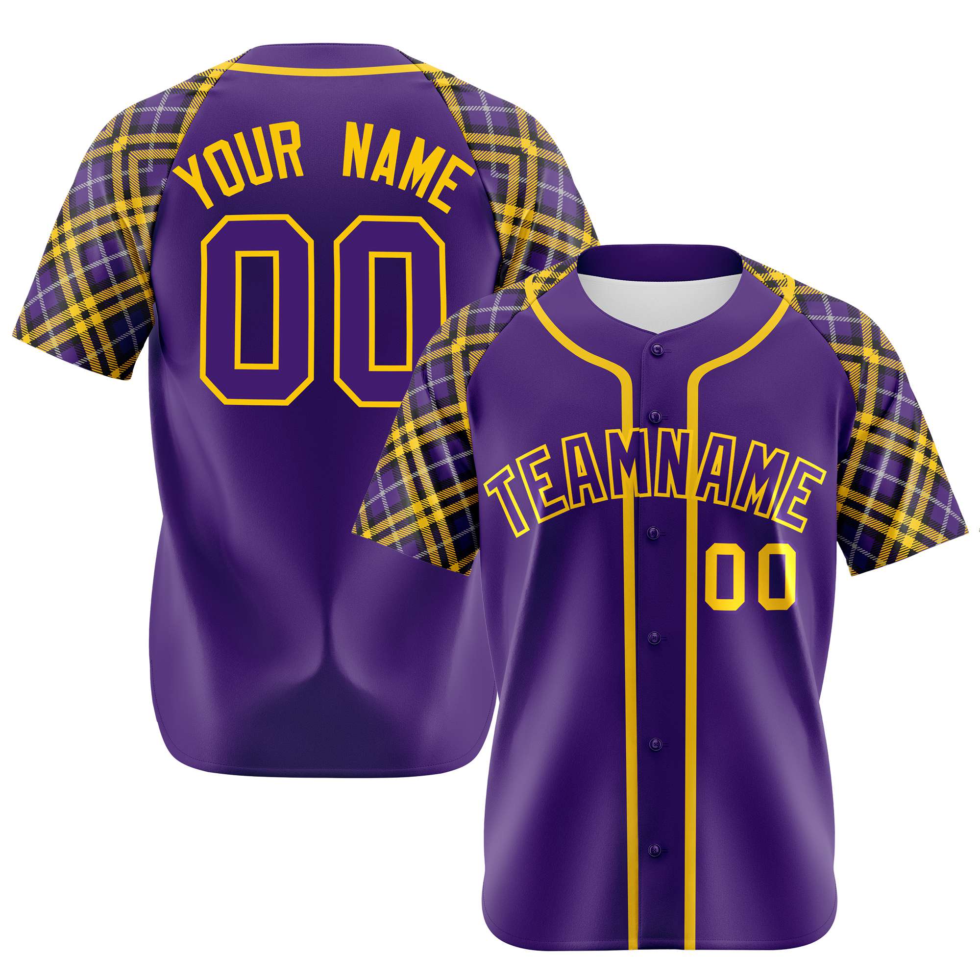 Custom Purple-Yellow Authentic Plaid sleeve Baseball Jersey