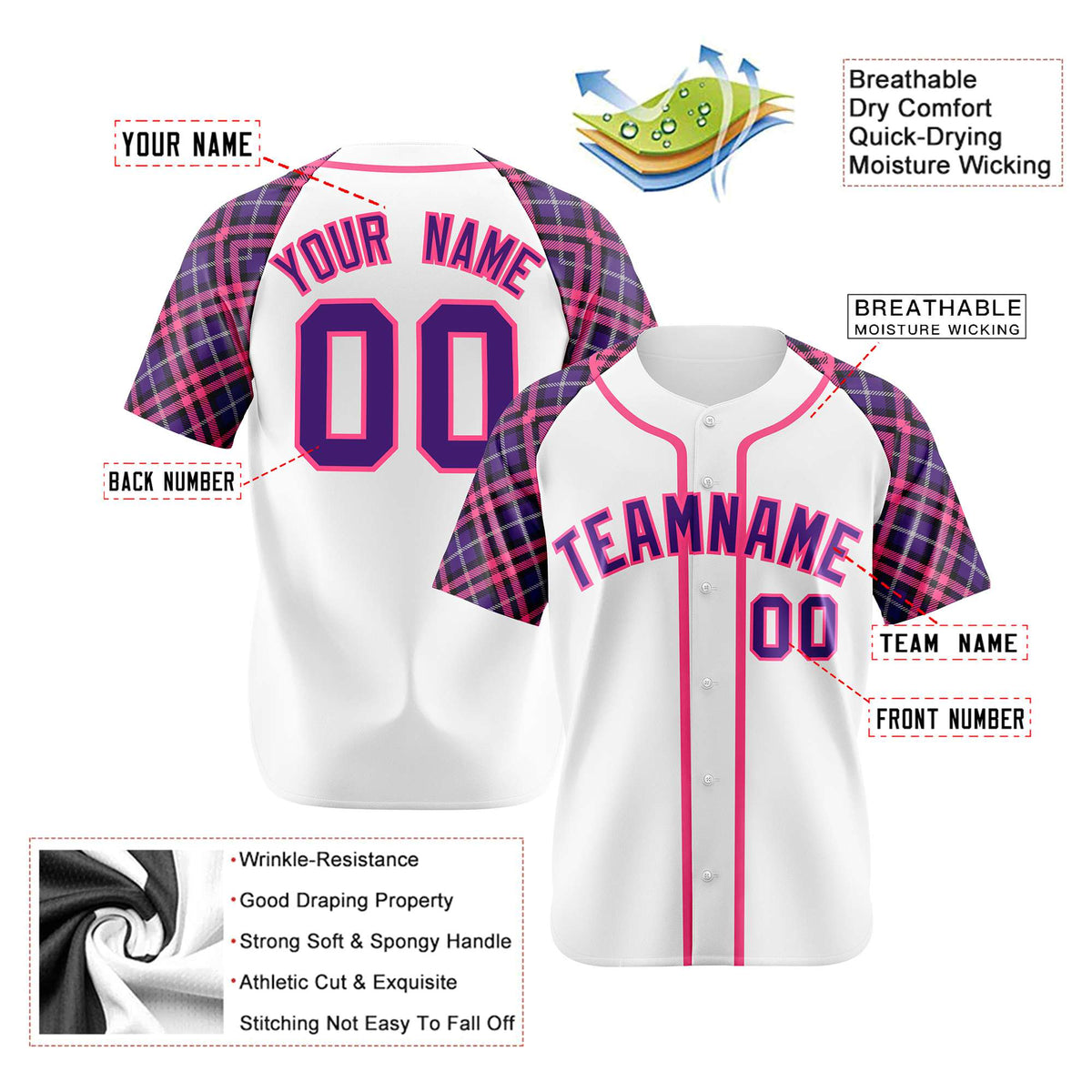 Custom White Purple-Pink Authentic Plaid sleeve Baseball Jersey