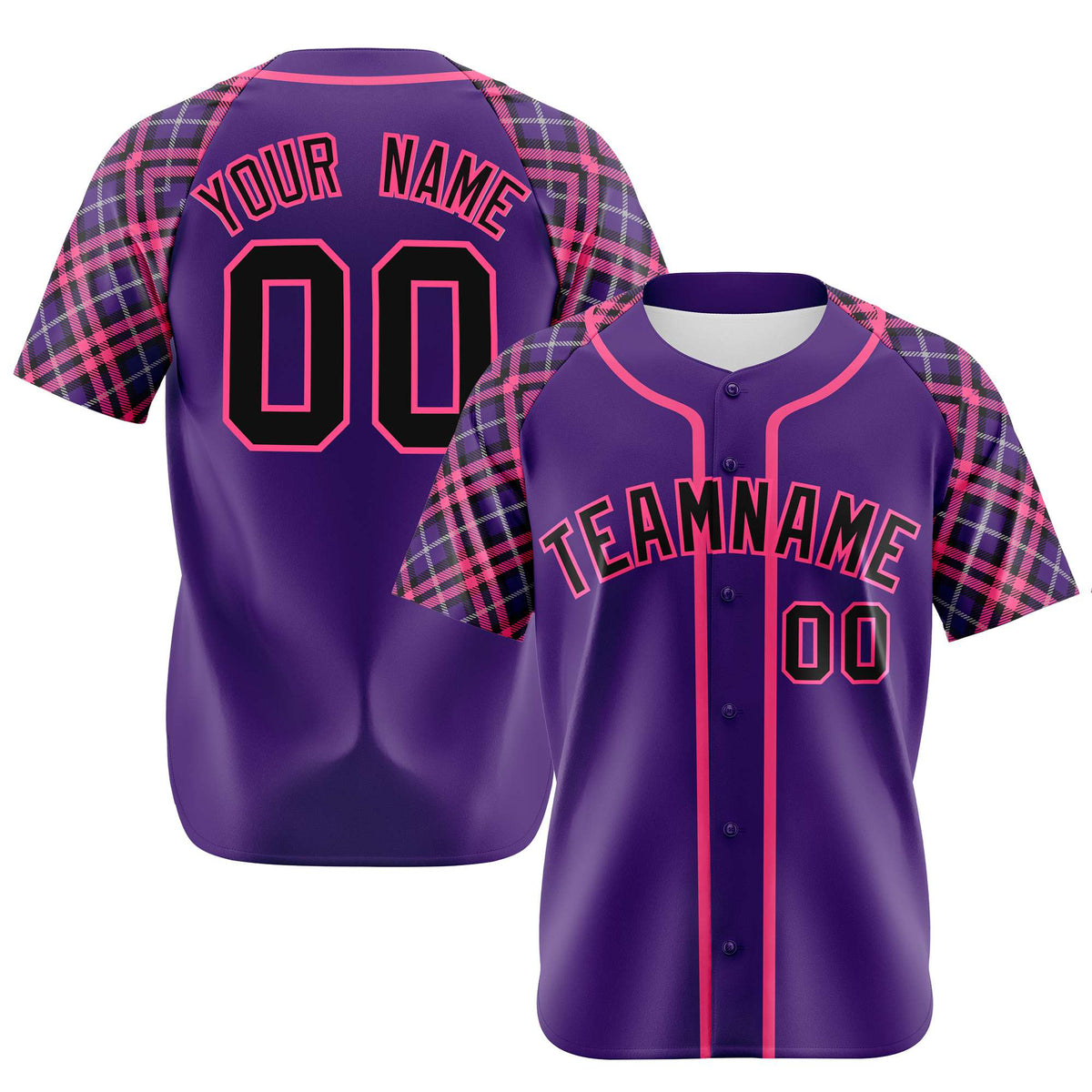 Custom Purple Pink-Black Authentic Plaid sleeve Baseball Jersey