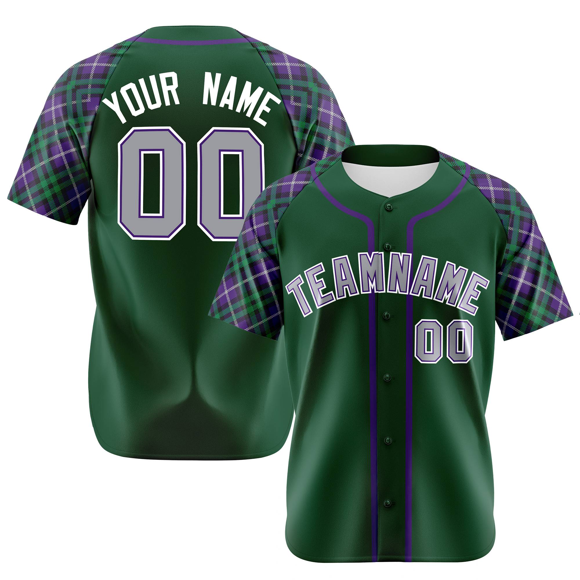 Custom Kelly Green Purple-Gray Authentic Plaid sleeve Baseball Jersey