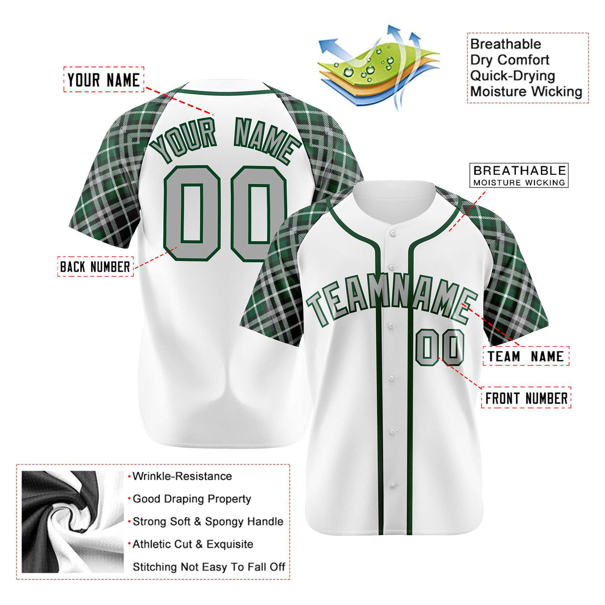 Custom White Green-Gray Authentic Plaid sleeve Baseball Jersey
