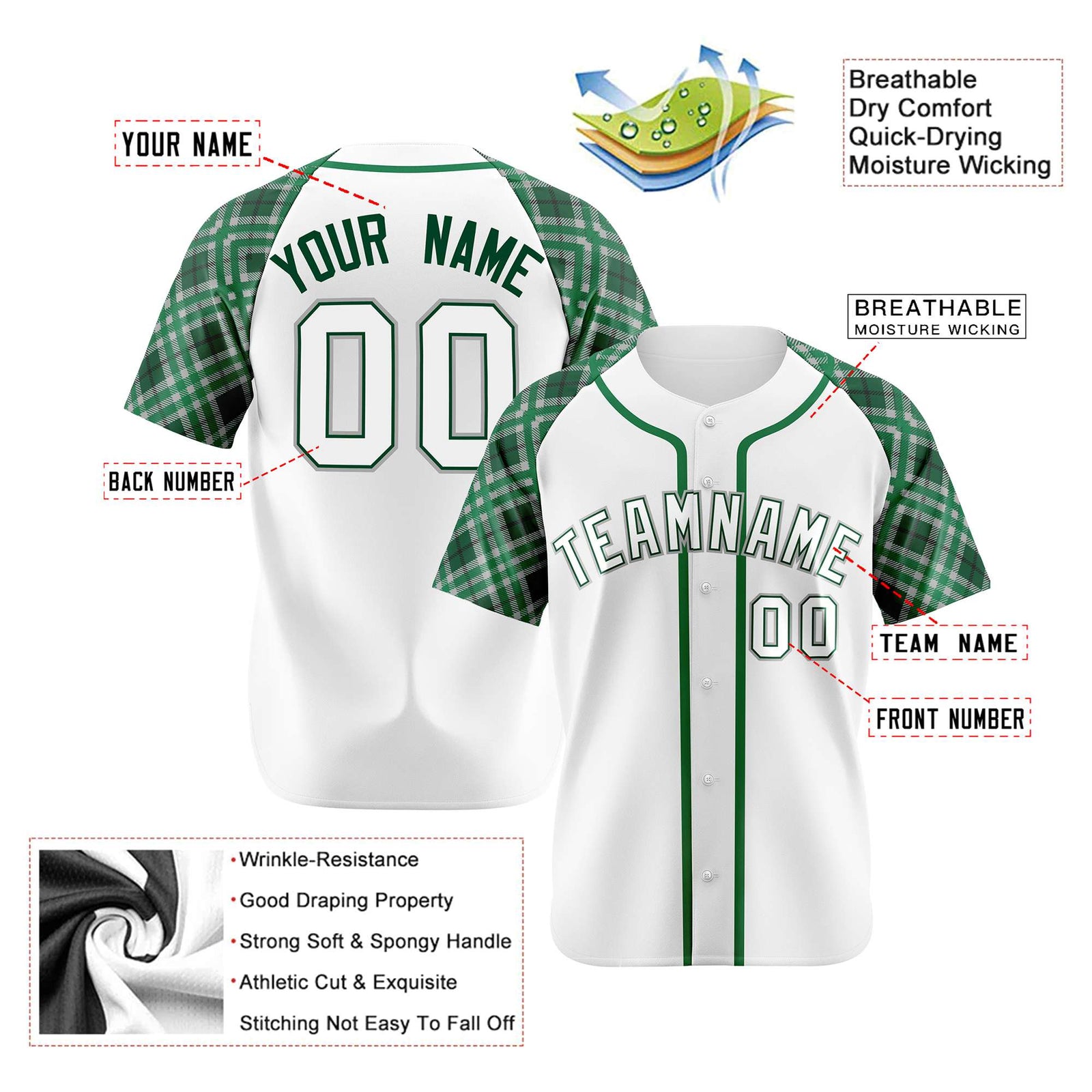 Custom White Green-White Authentic Plaid sleeve Baseball Jersey