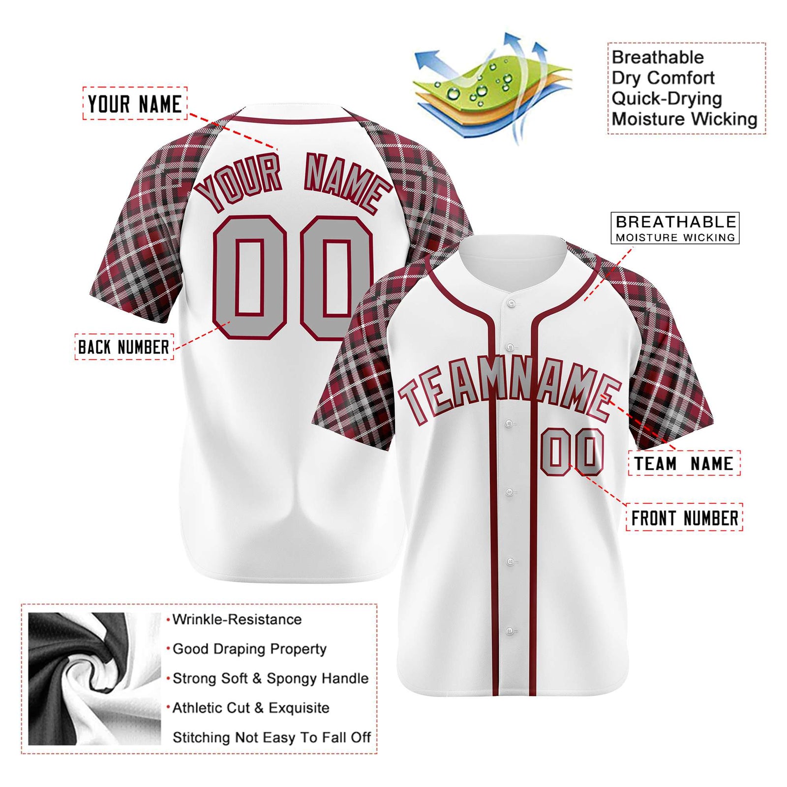 Custom White Burgundy-Gray Authentic Plaid sleeve Baseball Jersey
