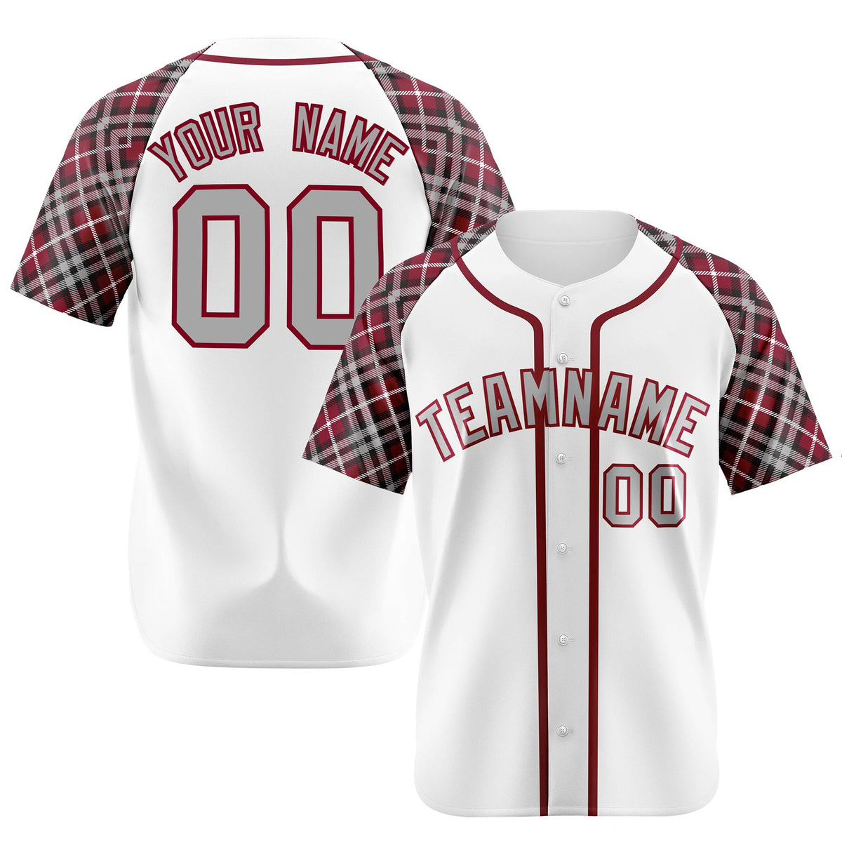 Custom White Burgundy-Gray Authentic Plaid sleeve Baseball Jersey