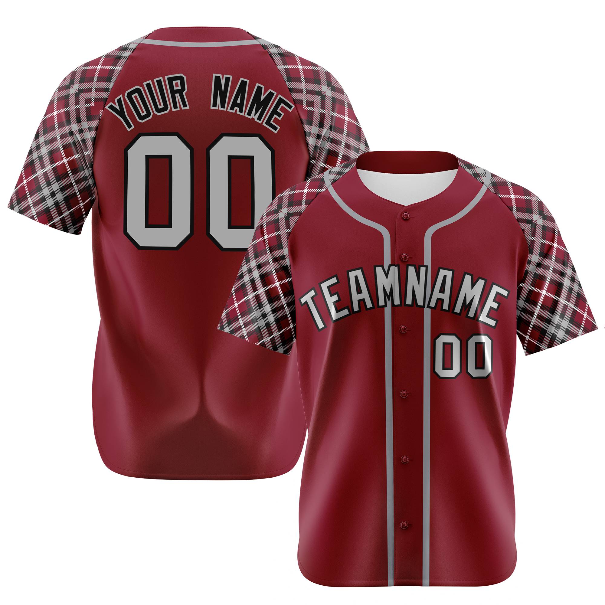 Custom Burgundy Gray-Black Authentic Plaid sleeve Baseball Jersey