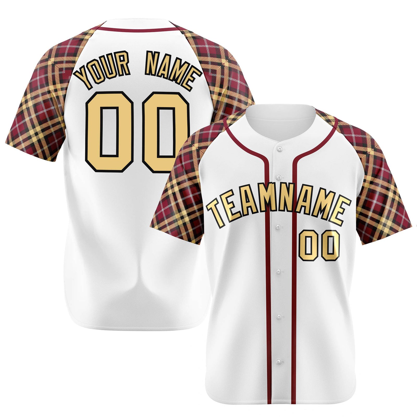 Custom White Old-Gold Crimson-Black Authentic Plaid sleeve Baseball Jersey