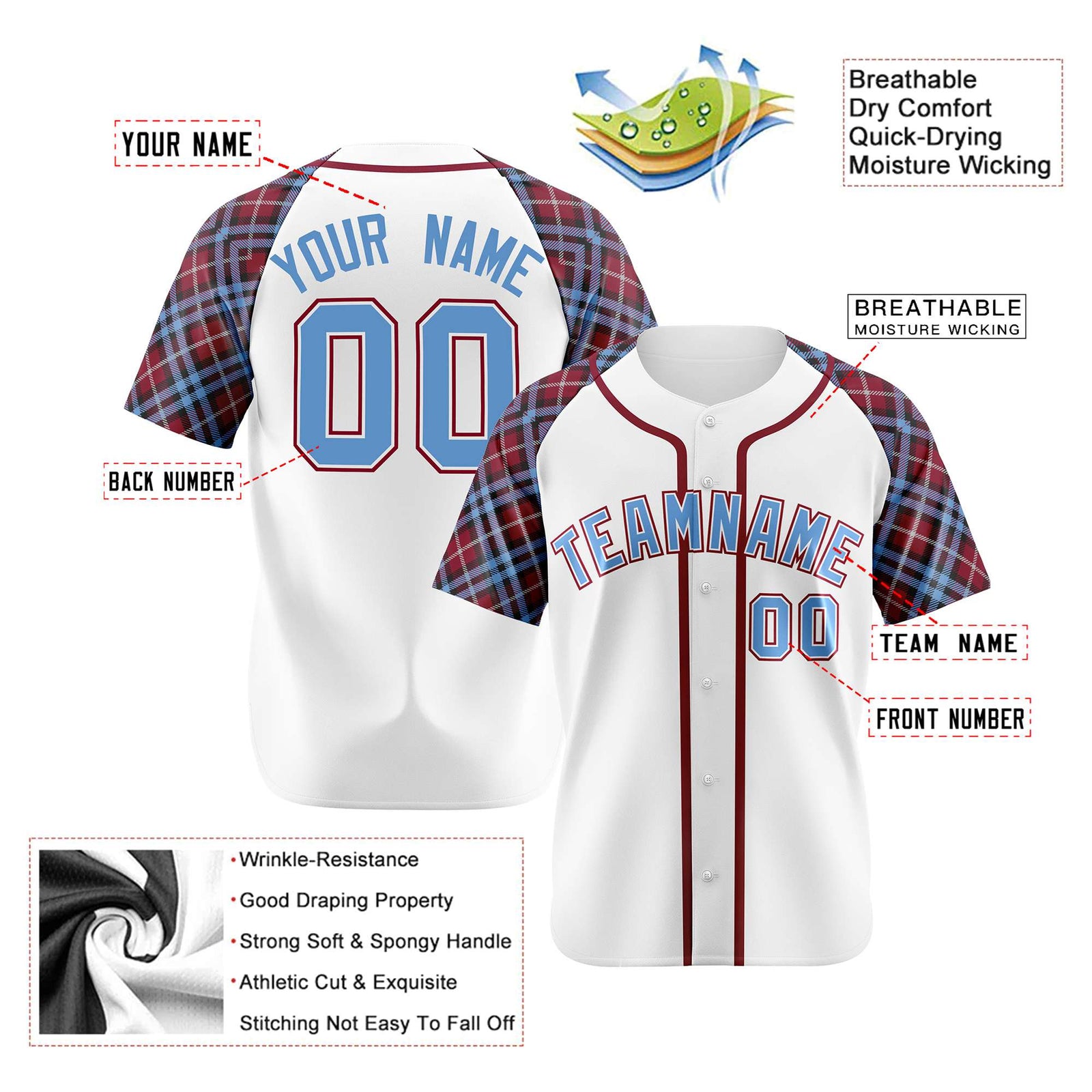 Custom White Light Blue Red Authentic Plaid sleeve Baseball Jersey