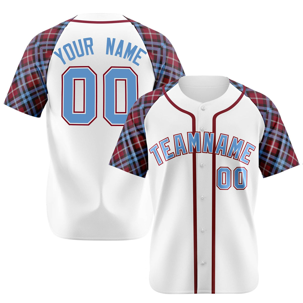 Custom White Light Blue Red Authentic Plaid sleeve Baseball Jersey