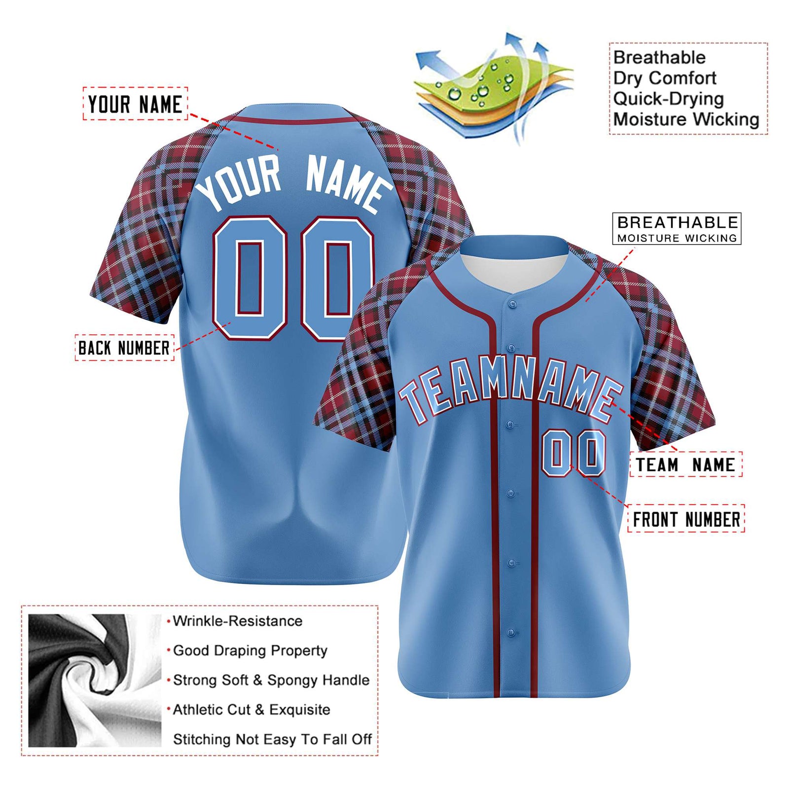 Custom Light Blue Red-White Authentic Plaid sleeve Baseball Jersey