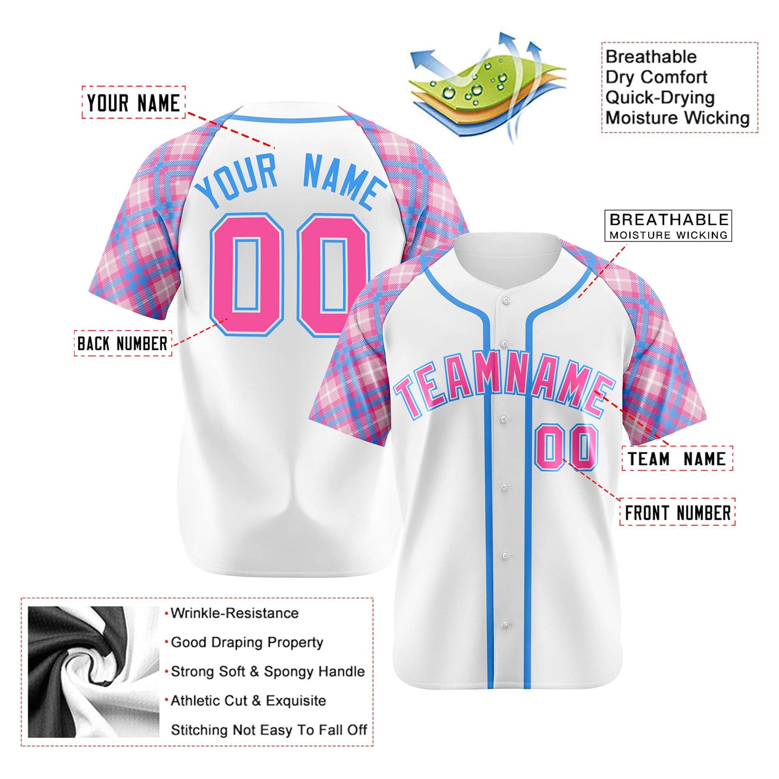 Custom White Pink-Blue Authentic Plaid sleeve Baseball Jersey
