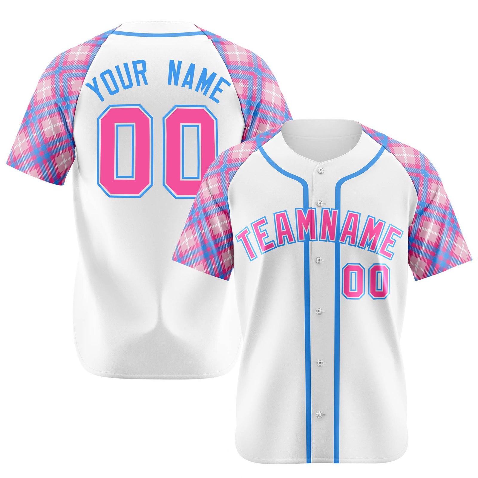 Custom White Pink-Blue Authentic Plaid sleeve Baseball Jersey