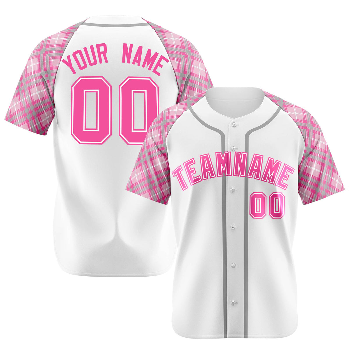 Custom White Pink-Gray Authentic Plaid sleeve Baseball Jersey