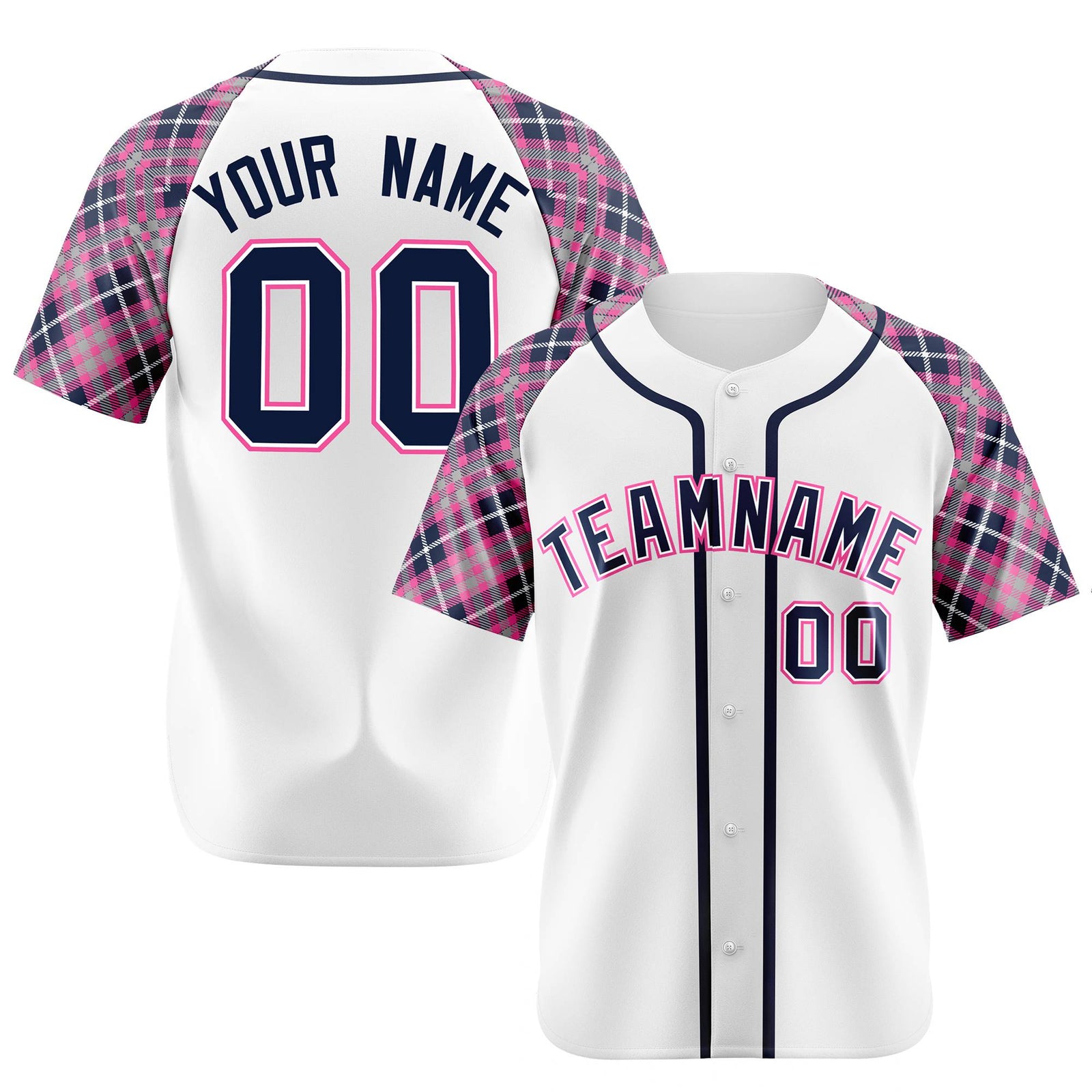 Custom White Pink-Navy Authentic Plaid sleeve Baseball Jersey