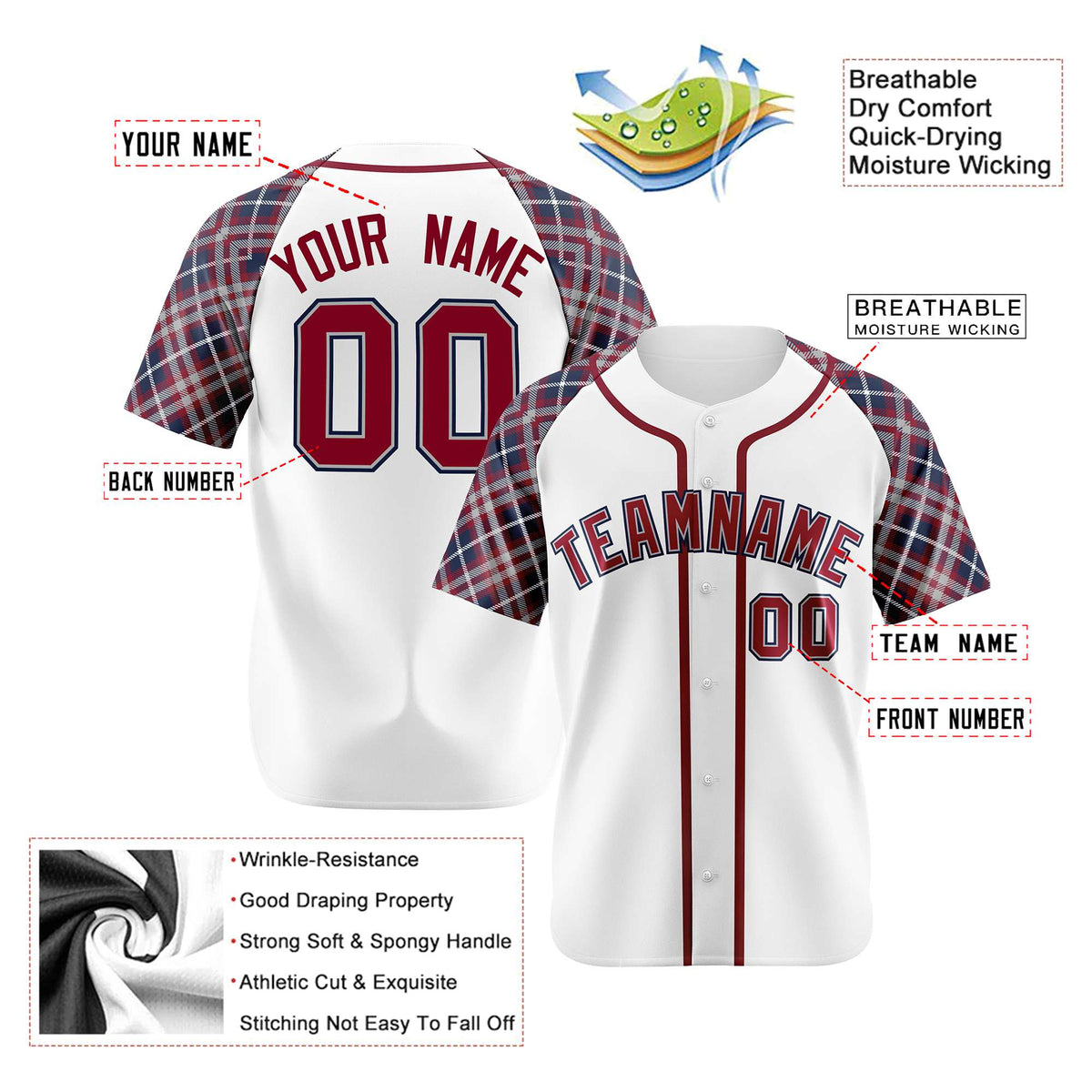 Custom White Crimson-Navy Authentic Plaid sleeve Baseball Jersey