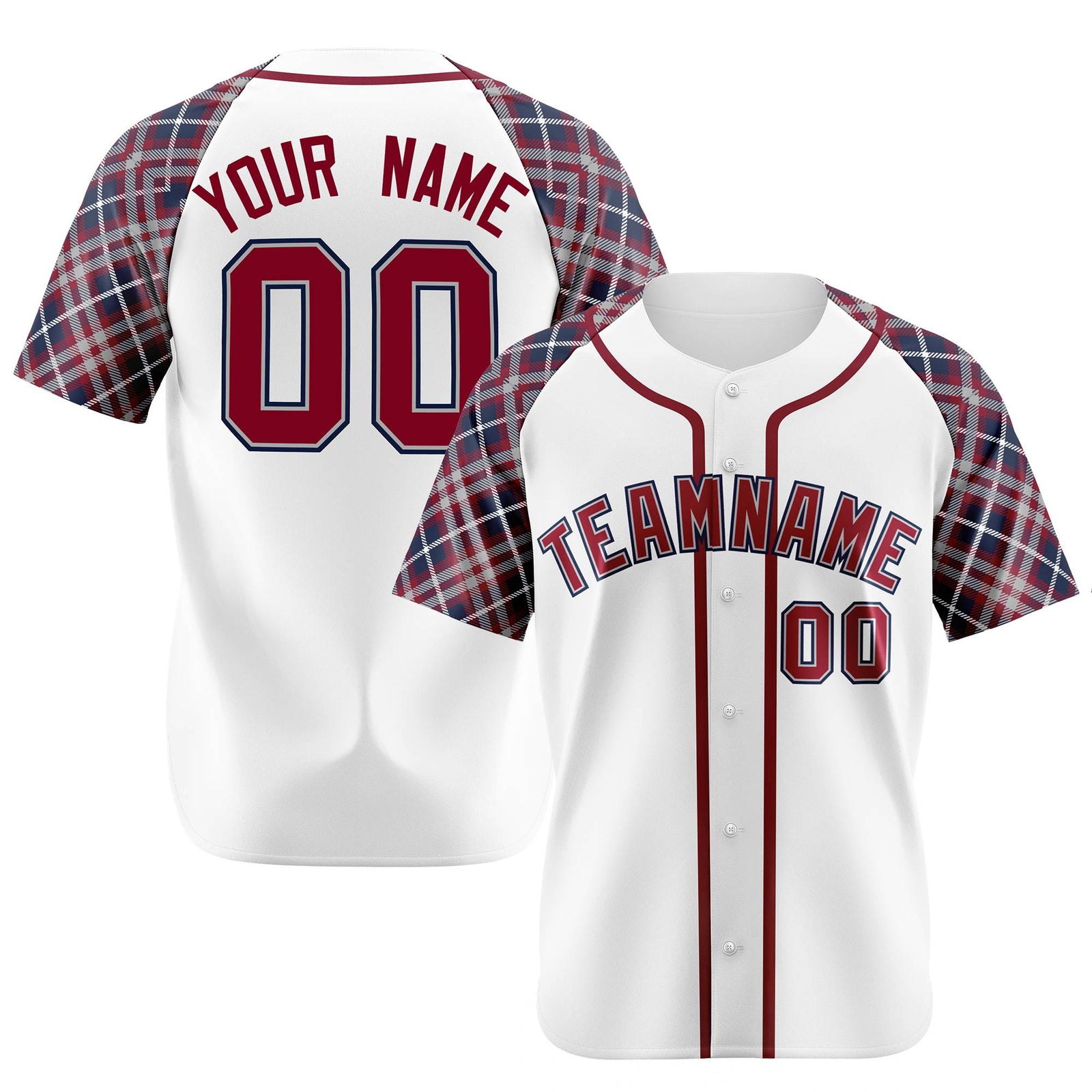 Custom White Crimson-Navy Authentic Plaid sleeve Baseball Jersey