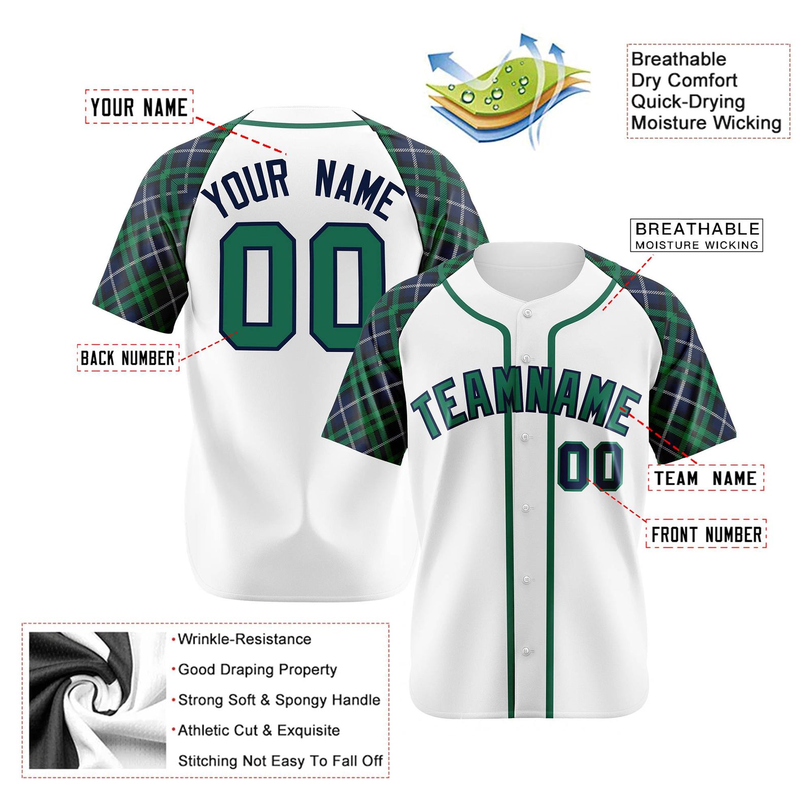 Custom White Green-Navy Authentic Plaid sleeve Baseball Jersey