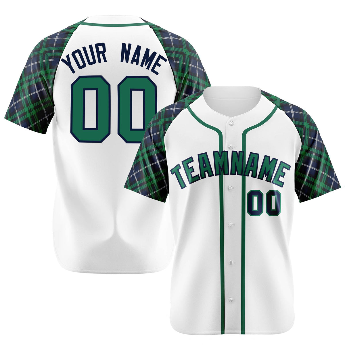 Custom White Green-Navy Authentic Plaid sleeve Baseball Jersey