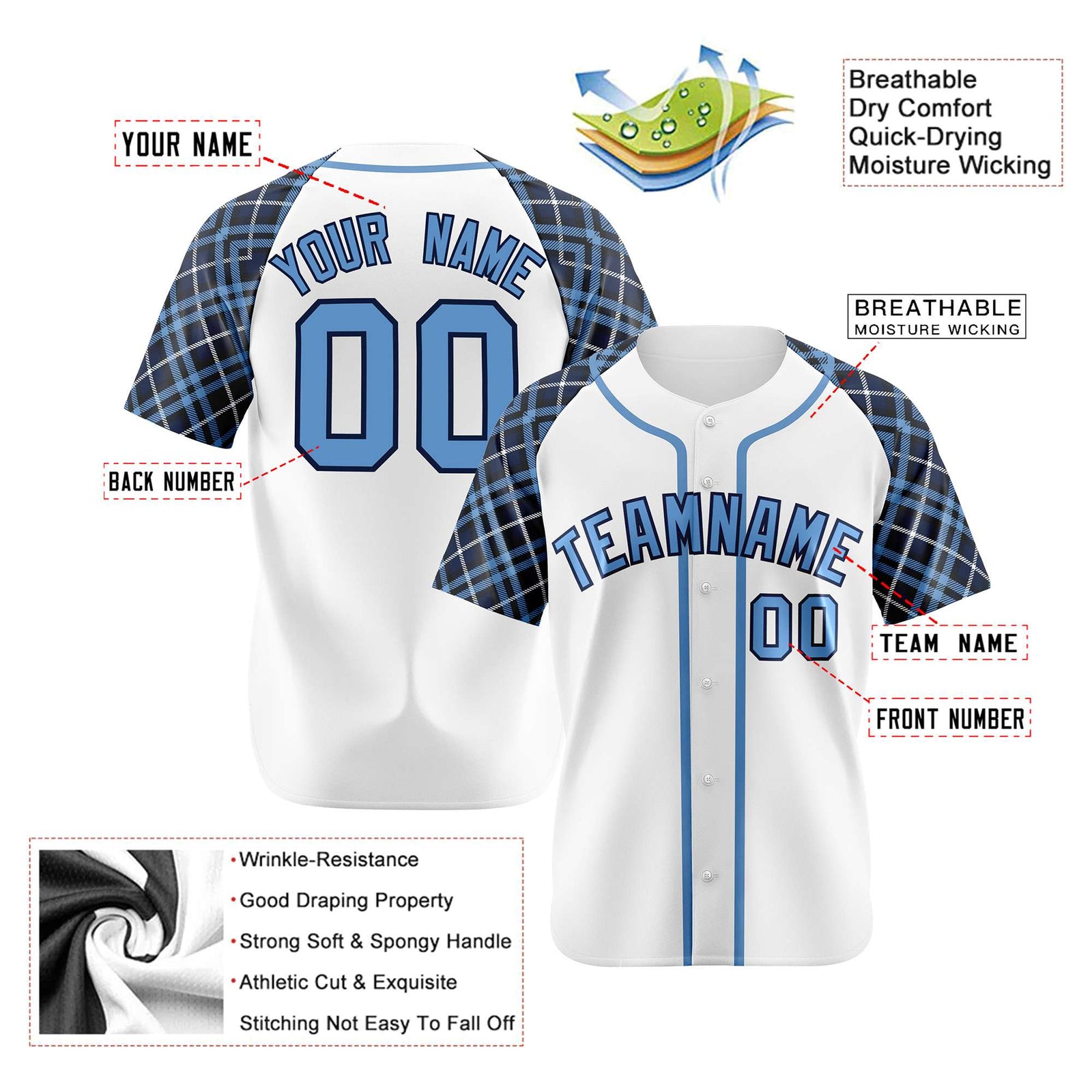 Custom White Blue-Navy Authentic Plaid sleeve Baseball Jersey