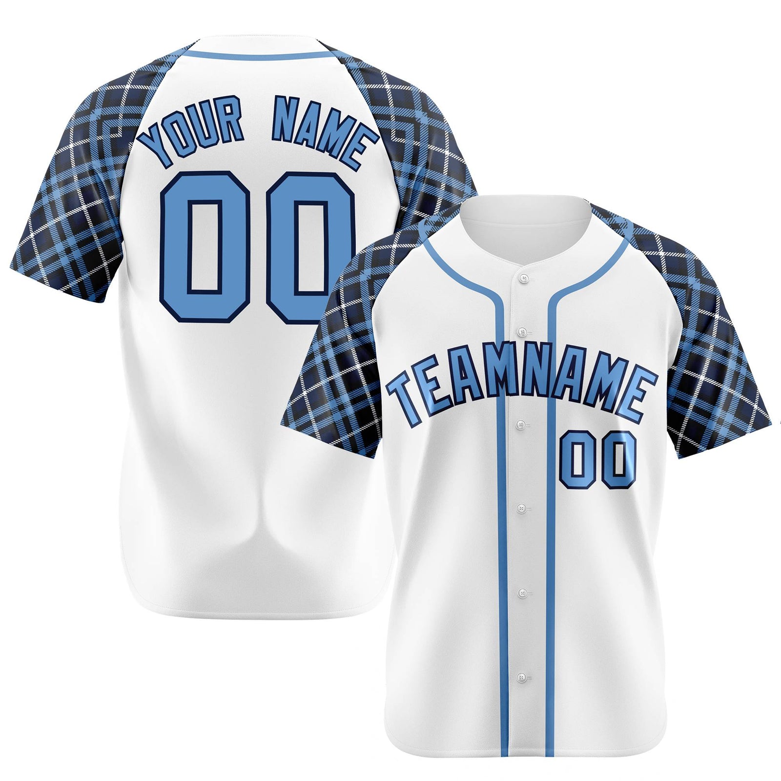 Custom White Blue-Navy Authentic Plaid sleeve Baseball Jersey