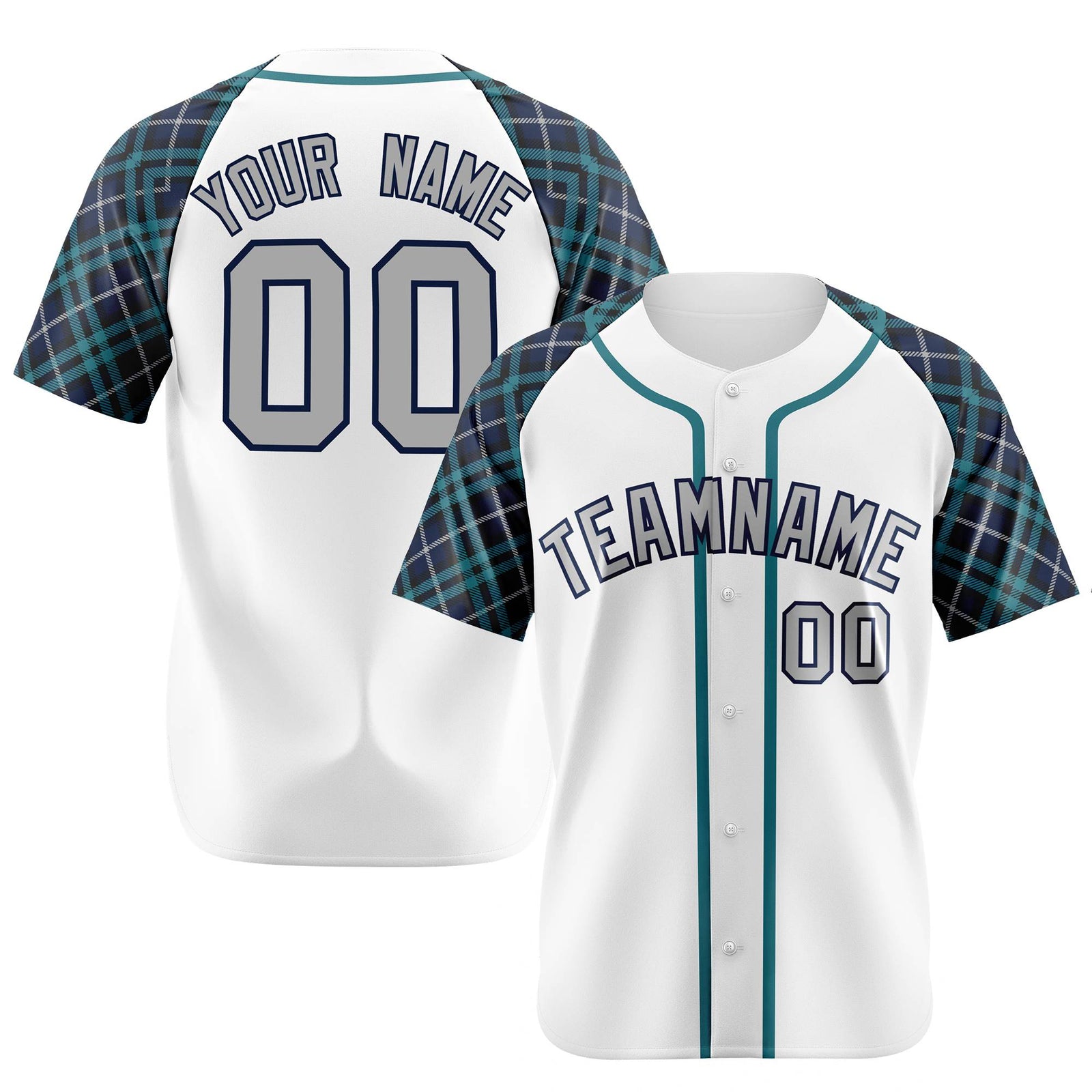 Custom White Greem-Gray Authentic Plaid sleeve Baseball Jersey