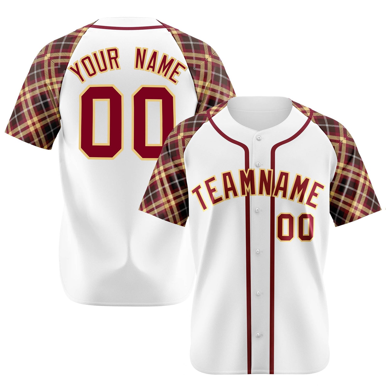 Custom White Crimson-Gold Authentic Plaid sleeve Baseball Jersey