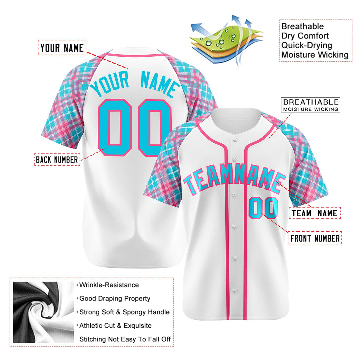 Custom White Pink-Blue Authentic Plaid sleeve Baseball Jersey
