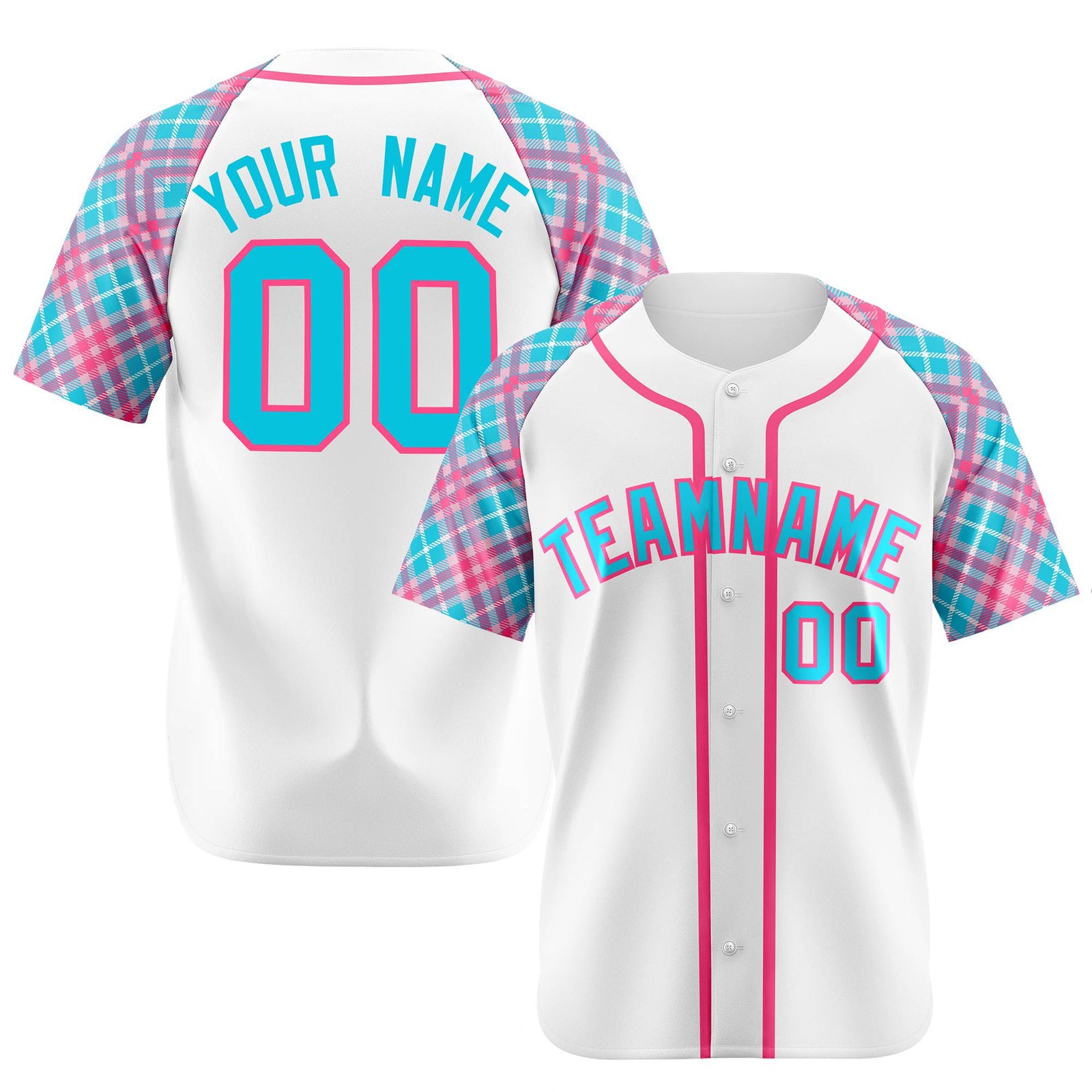 Custom White Pink-Blue Authentic Plaid sleeve Baseball Jersey