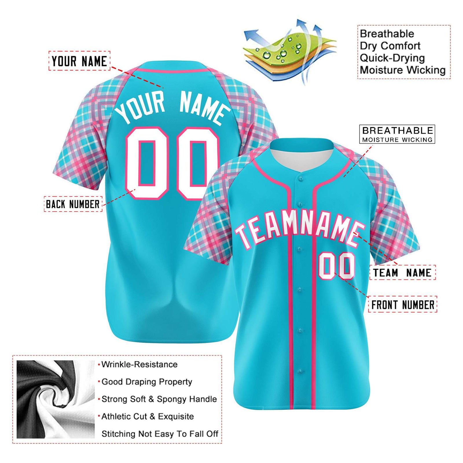 Custom Light Blue Pink-White Authentic Plaid sleeve Baseball Jersey