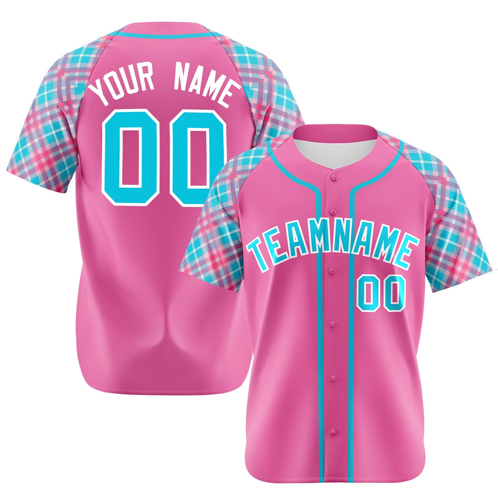 Custom Pink Light Blue-White Authentic Plaid sleeve Baseball Jersey