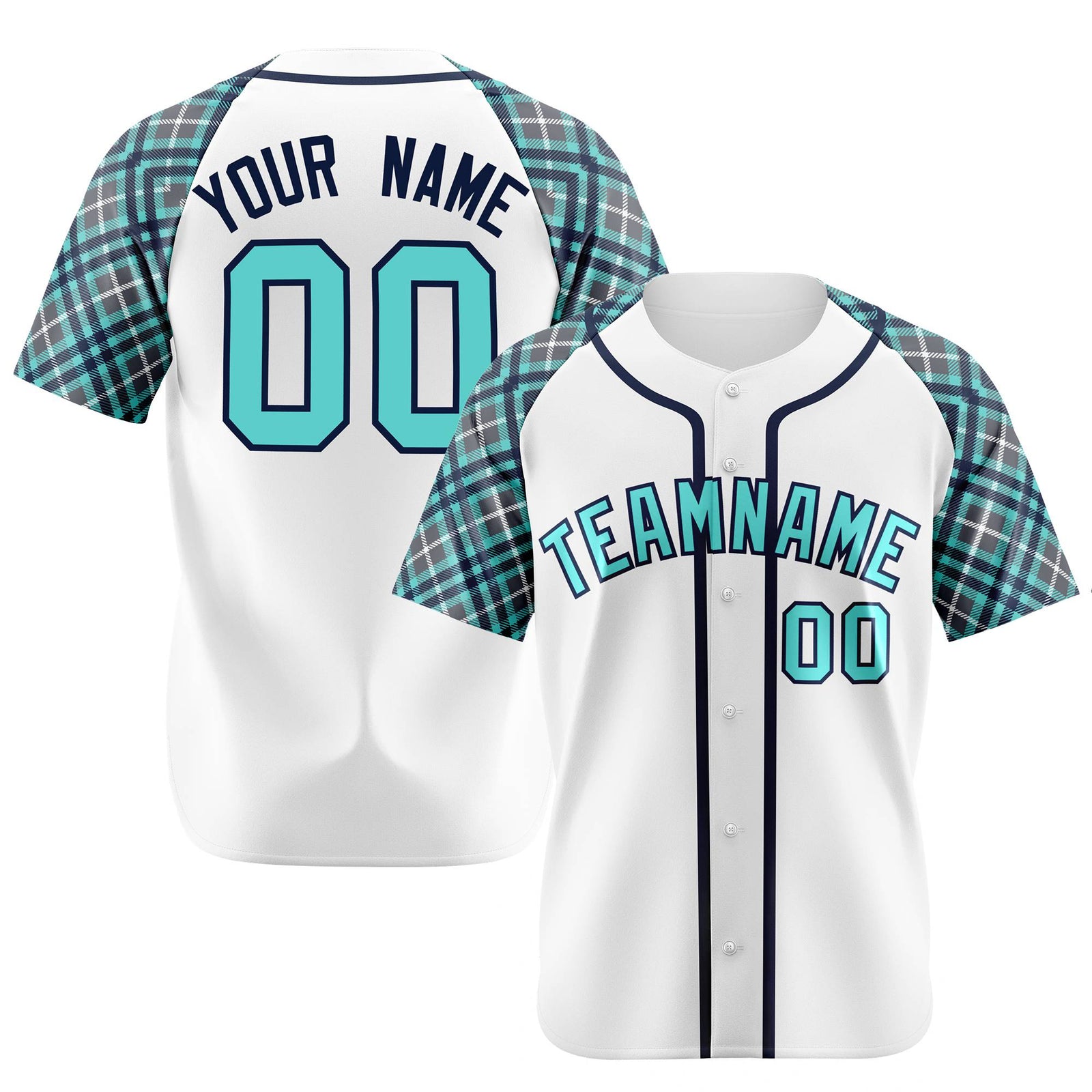 Custom White Light-Blue Navy Authentic Plaid sleeve Baseball Jersey