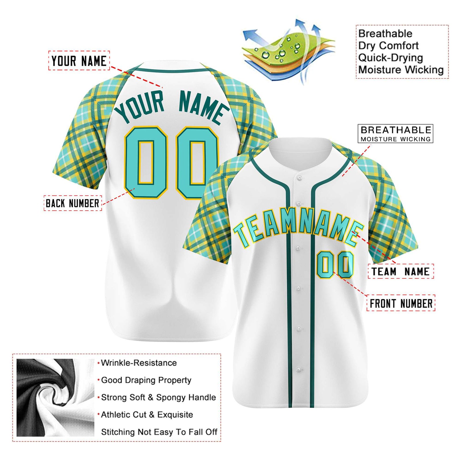 Custom White Light-Blue Yellow Authentic Plaid sleeve Baseball Jersey