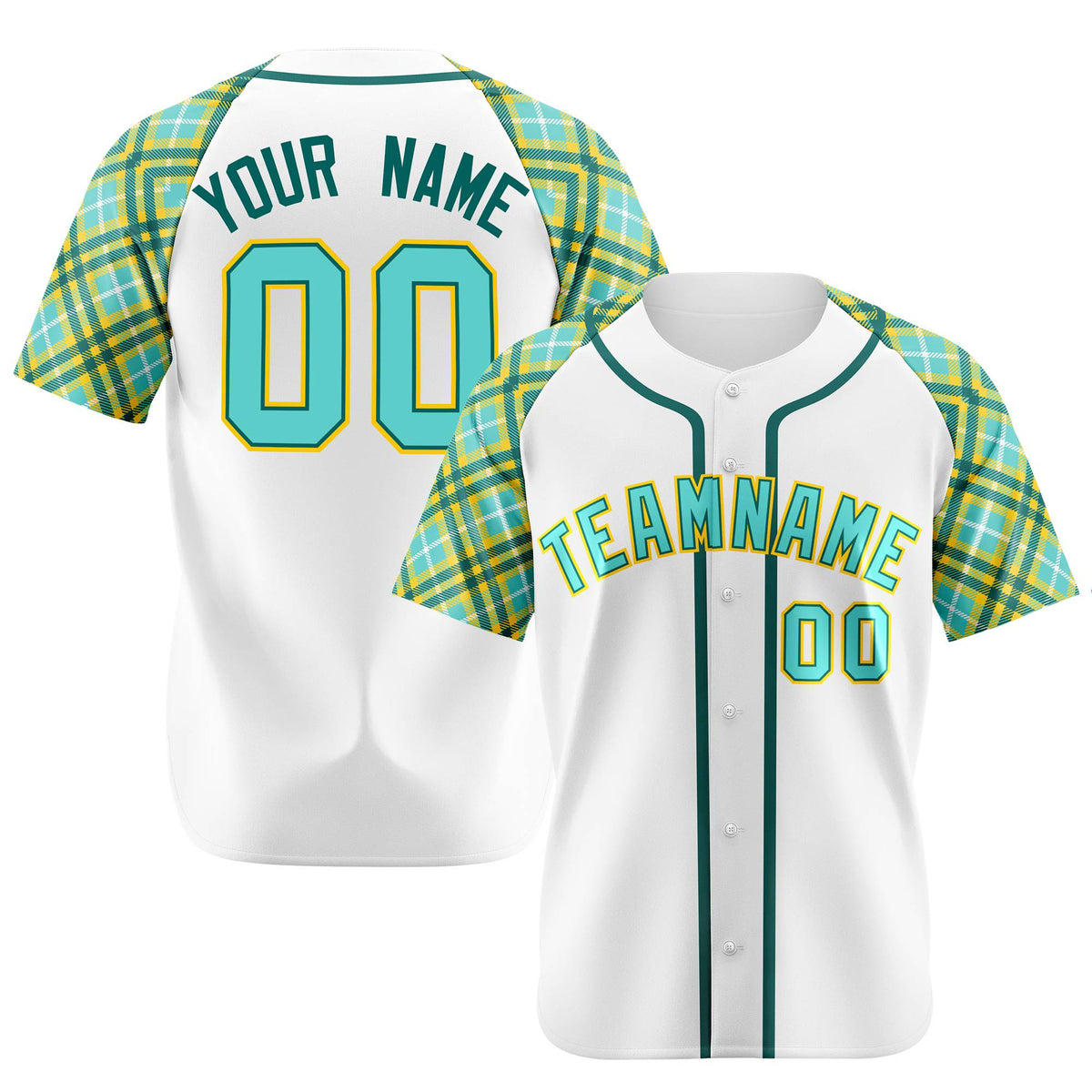 Custom White Light-Blue Yellow Authentic Plaid sleeve Baseball Jersey
