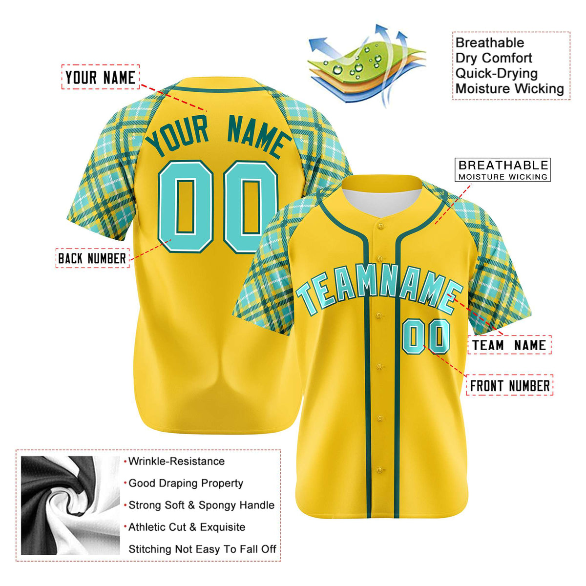 Custom Yellow Light-Blue Aqua Authentic Plaid sleeve Baseball Jersey