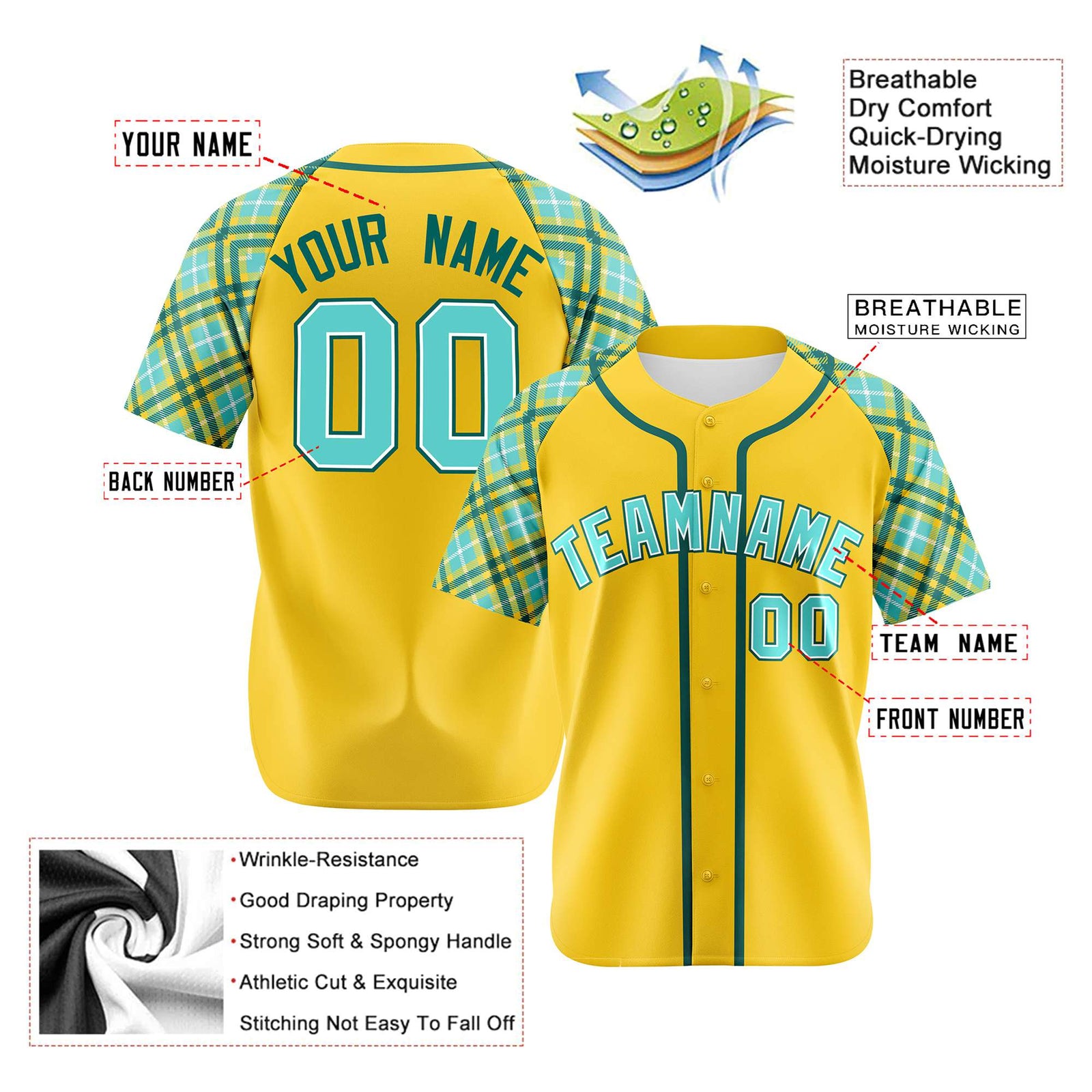 Custom Yellow Light-Blue Aqua Authentic Plaid sleeve Baseball Jersey
