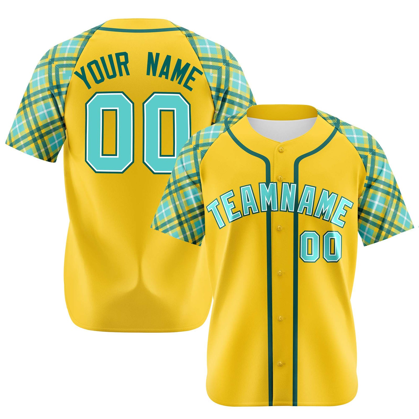 Custom Yellow Light-Blue Aqua Authentic Plaid sleeve Baseball Jersey