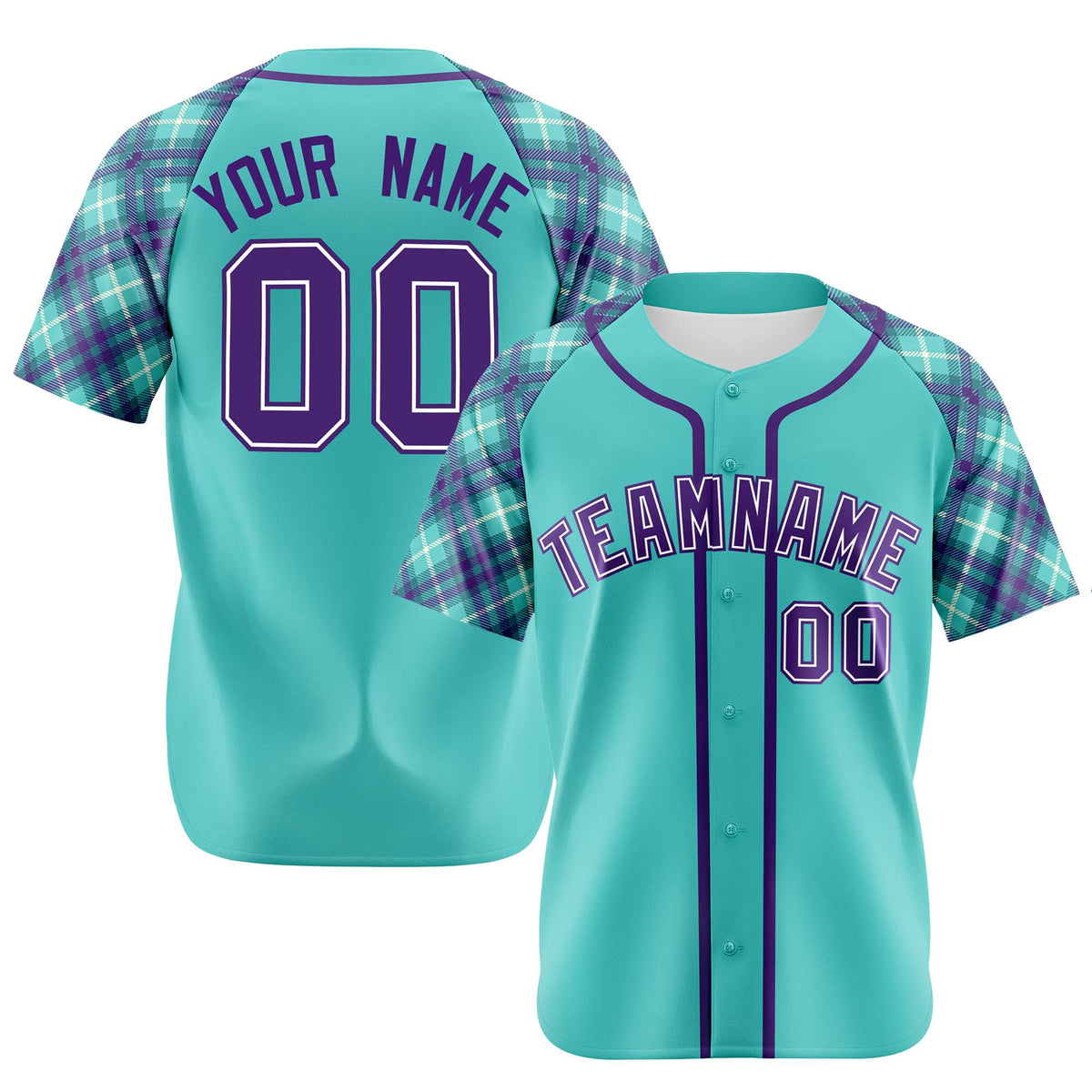 Custom Aqua Purple-White Authentic Plaid sleeve Baseball Jersey