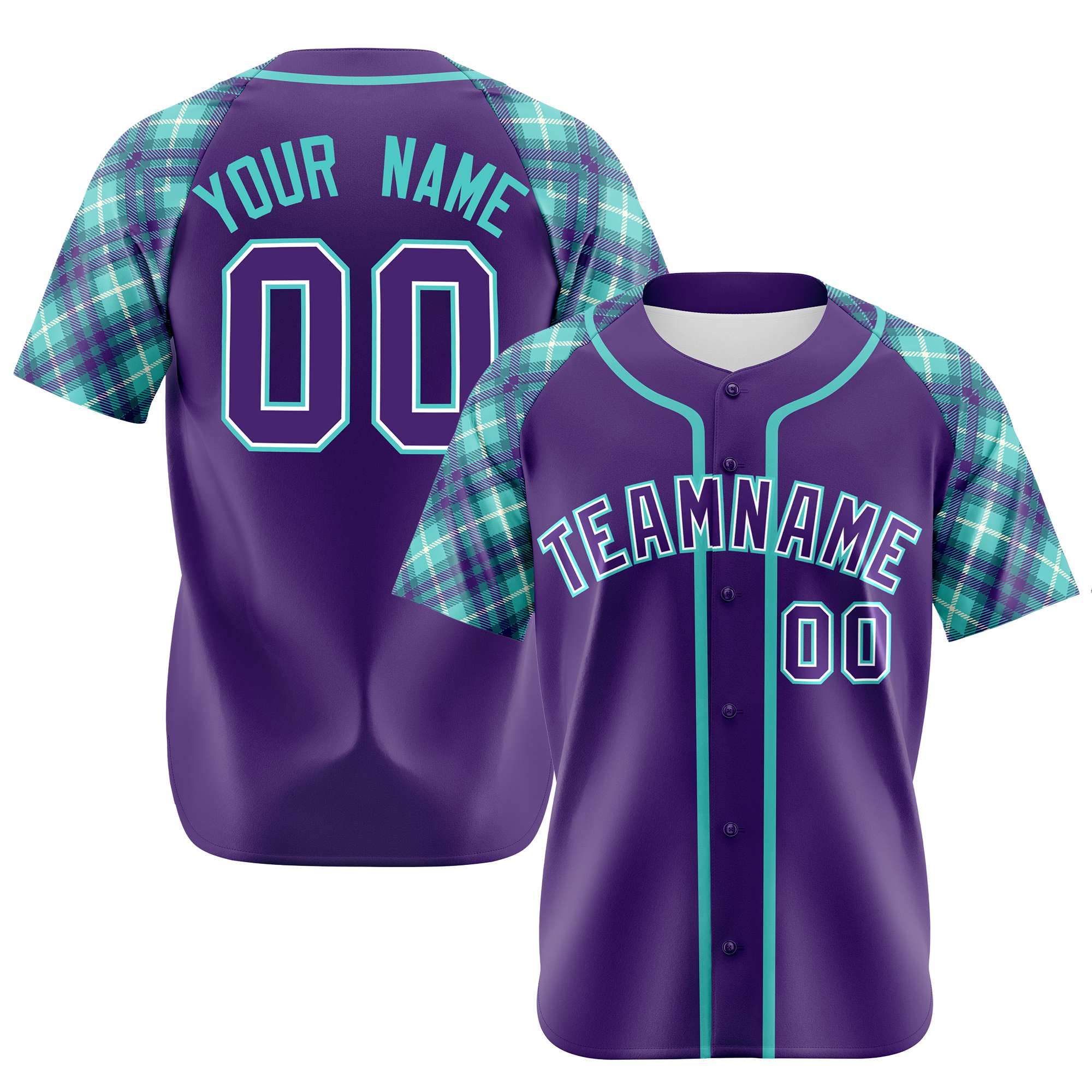 Custom Purple Aqua-White Authentic Plaid sleeve Baseball Jersey