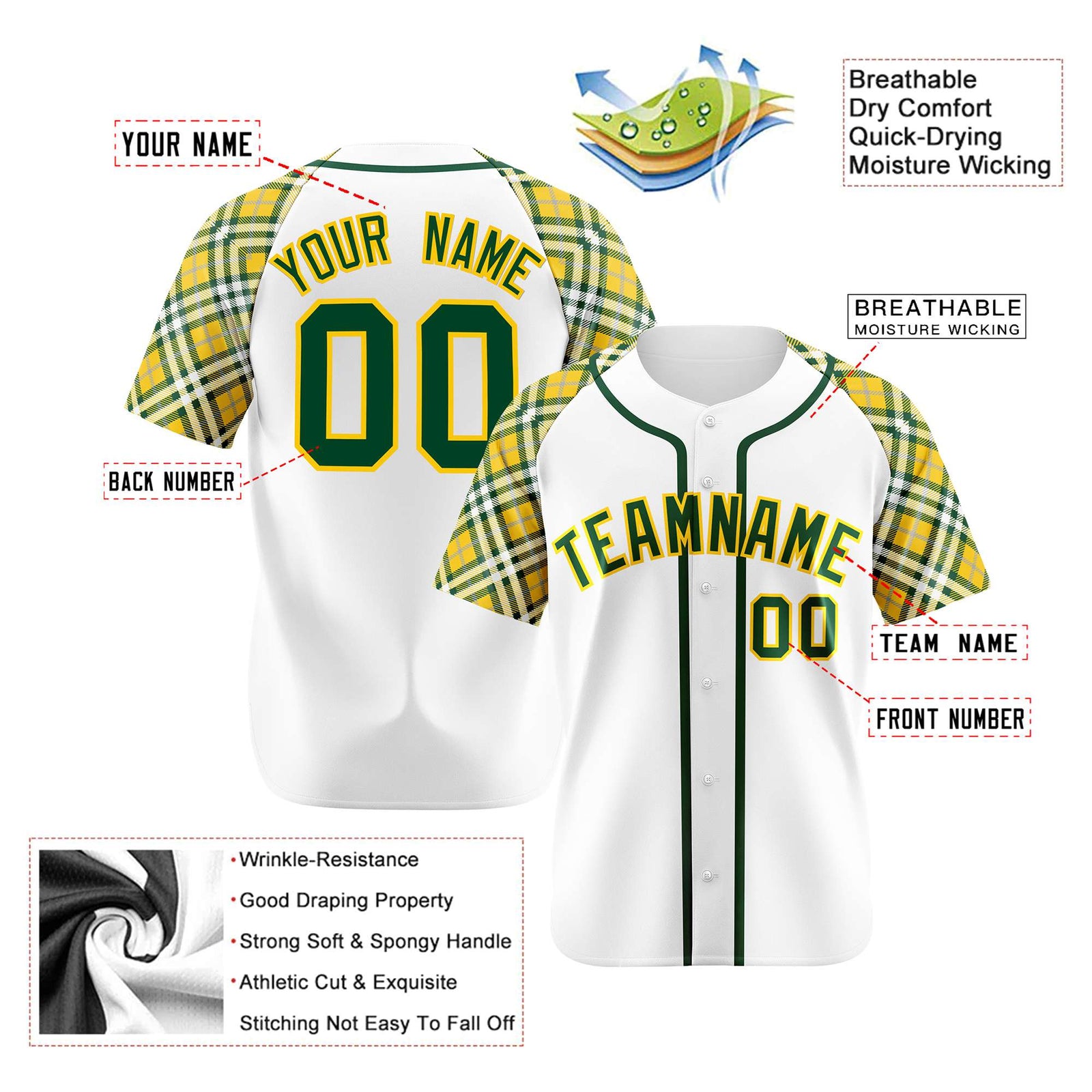 Custom White Yellow Kelly-Green Authentic Plaid sleeve Baseball Jersey
