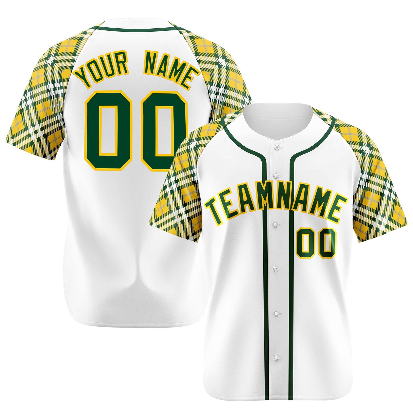 Custom White Yellow Kelly-Green Authentic Plaid sleeve Baseball Jersey