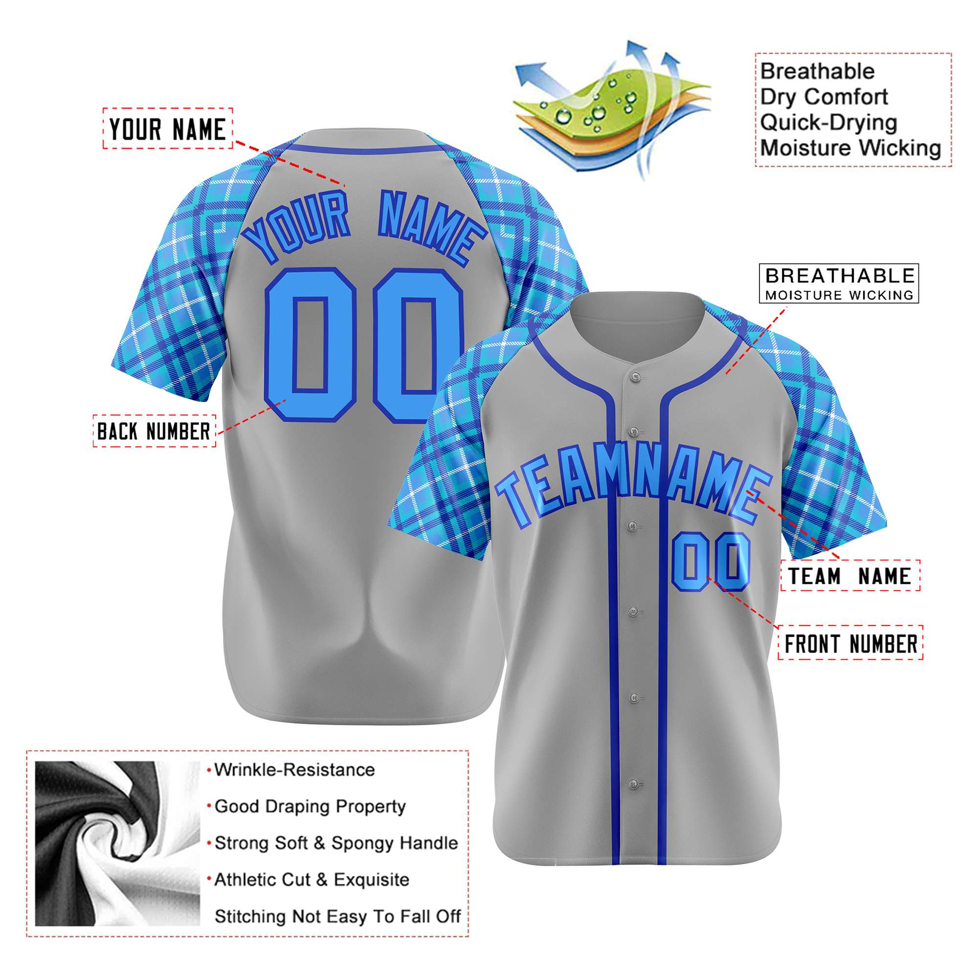 Custom Gray Blue-Purple Authentic Plaid sleeve Baseball Jersey