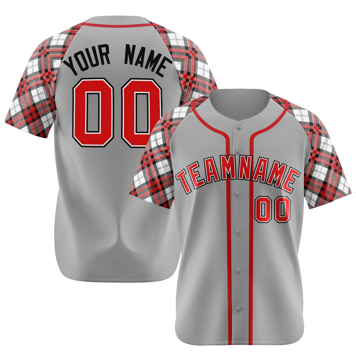 Custom Gray Red-Black Authentic Plaid sleeve Baseball Jersey
