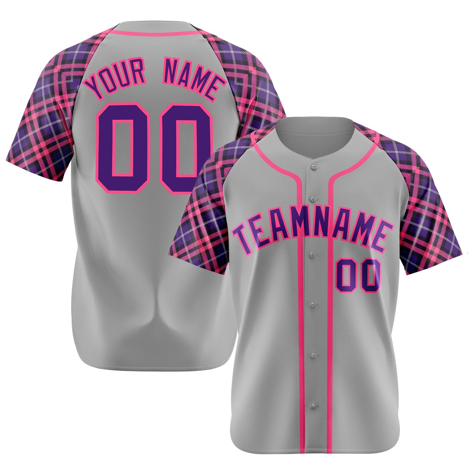 Custom Gray Pink-Purple Authentic Plaid sleeve Baseball Jersey