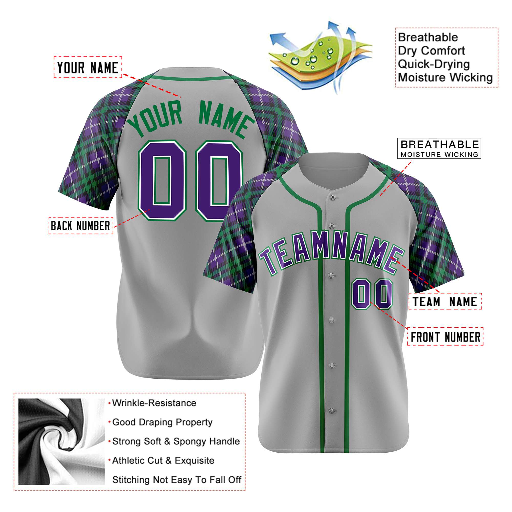 Custom Gray Purple-Green Authentic Plaid sleeve Baseball Jersey