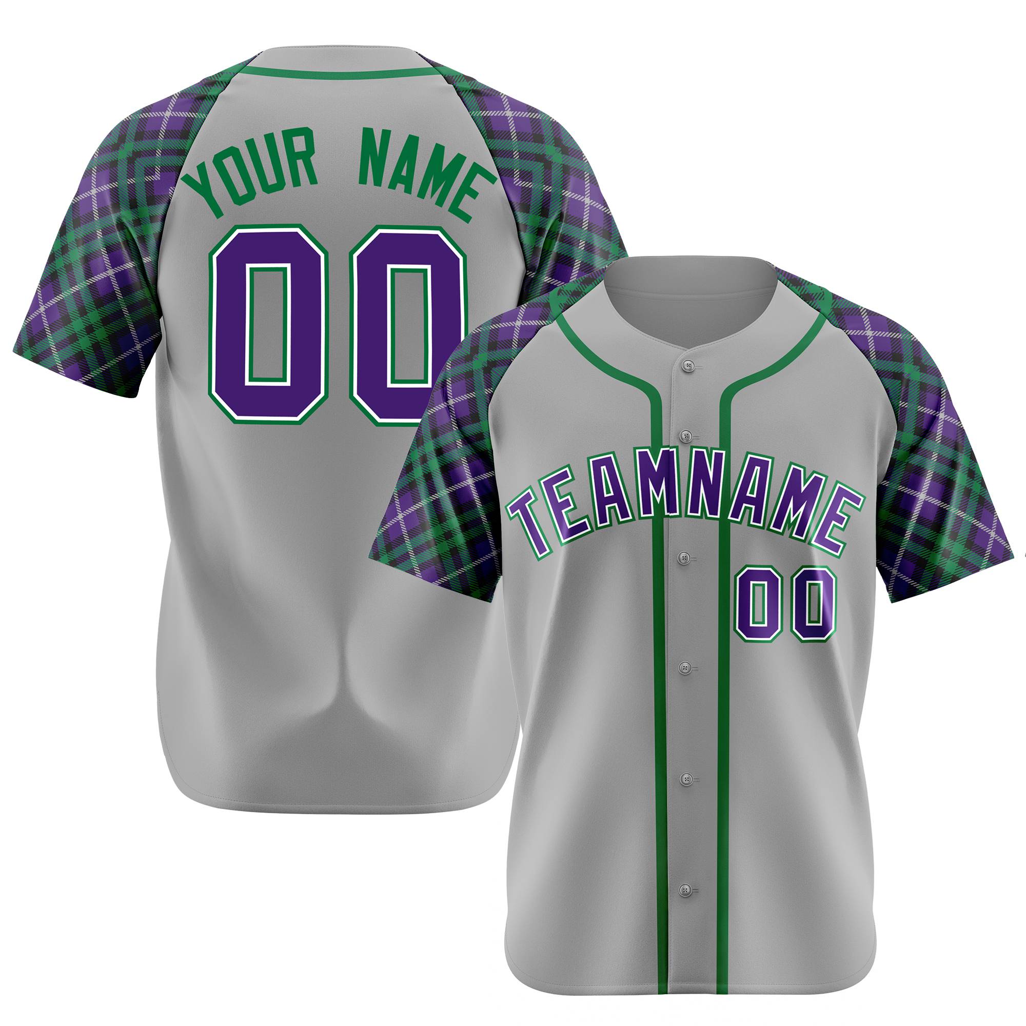 Custom Gray Purple-Green Authentic Plaid sleeve Baseball Jersey