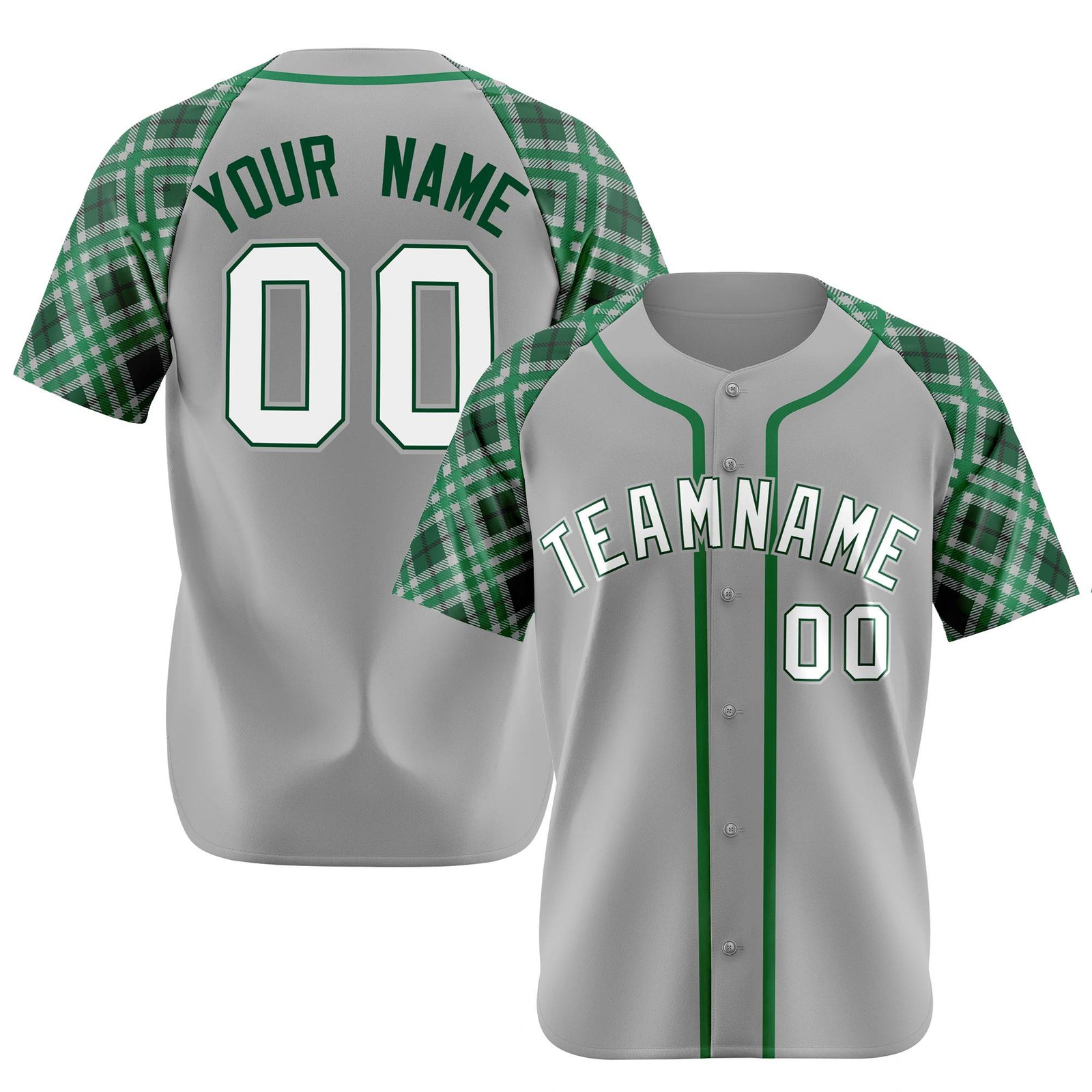 Custom Gray Green-White Authentic Plaid sleeve Baseball Jersey
