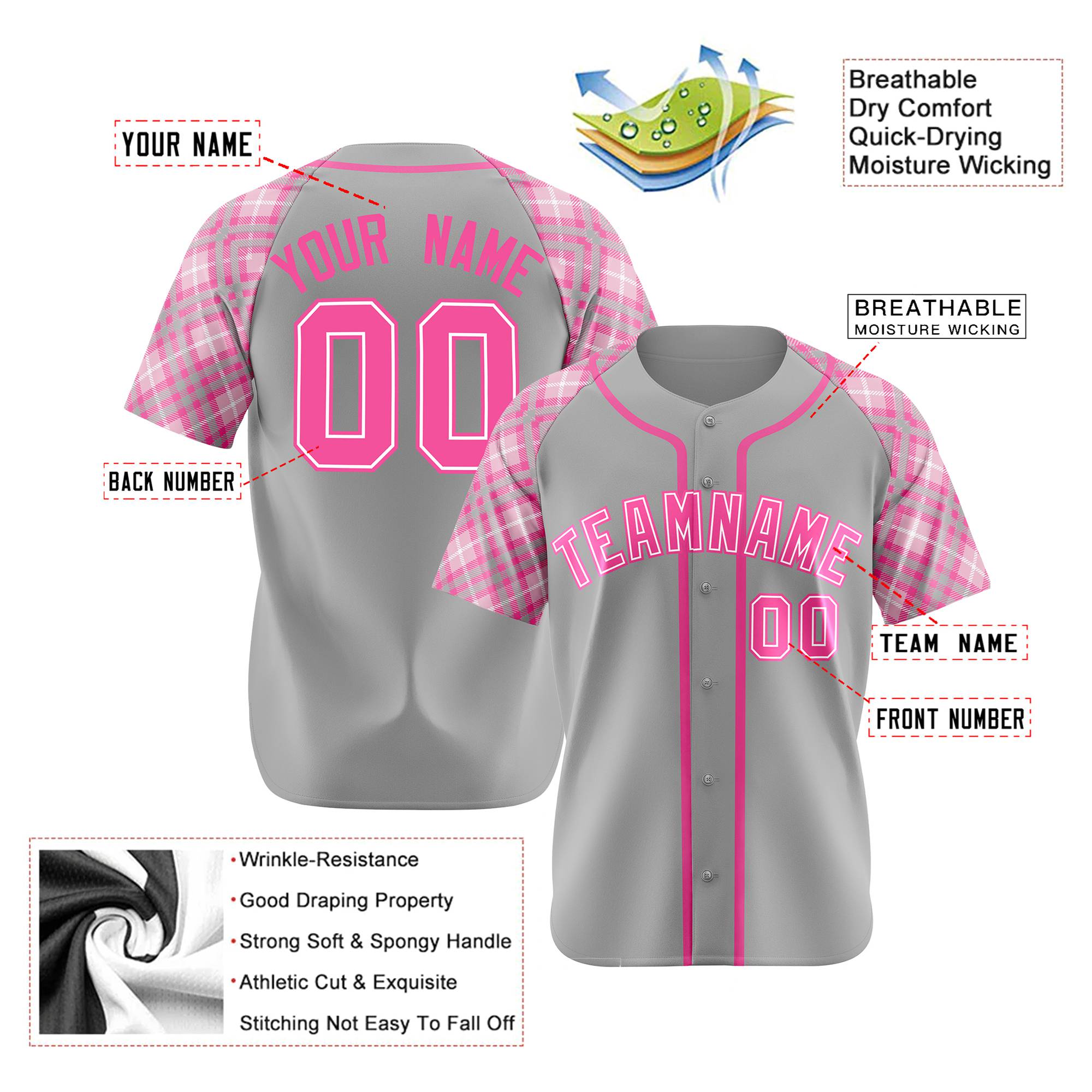 Custom Gray Pink-White Authentic Plaid sleeve Baseball Jersey