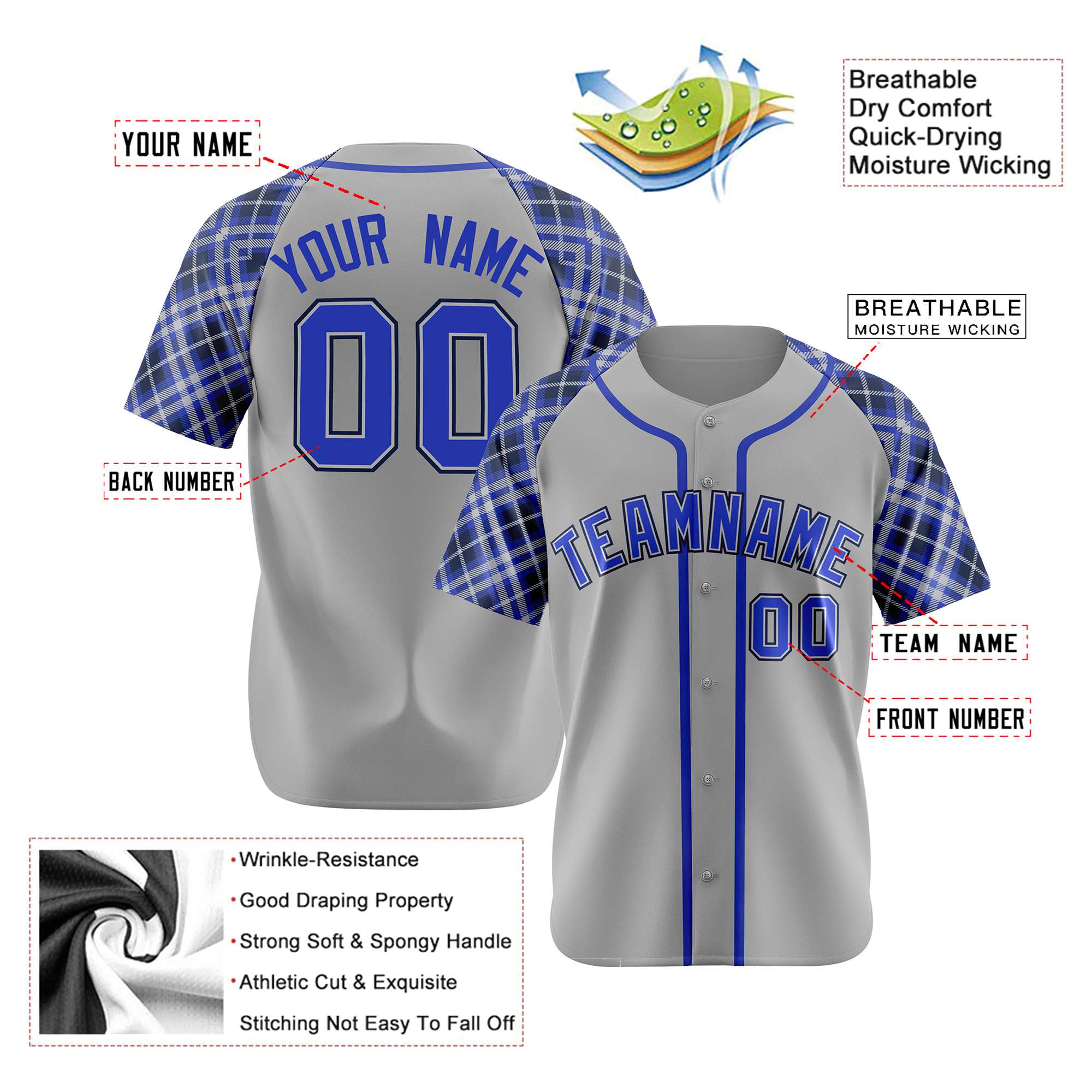 Custom Gray Purple-Navy Authentic Plaid sleeve Baseball Jersey