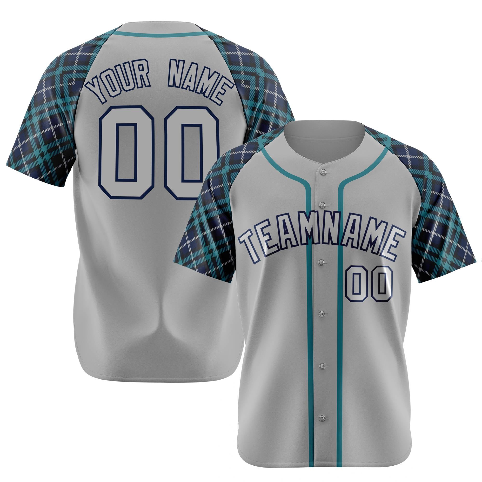 Custom Gray Green-Navy Authentic Plaid sleeve Baseball Jersey