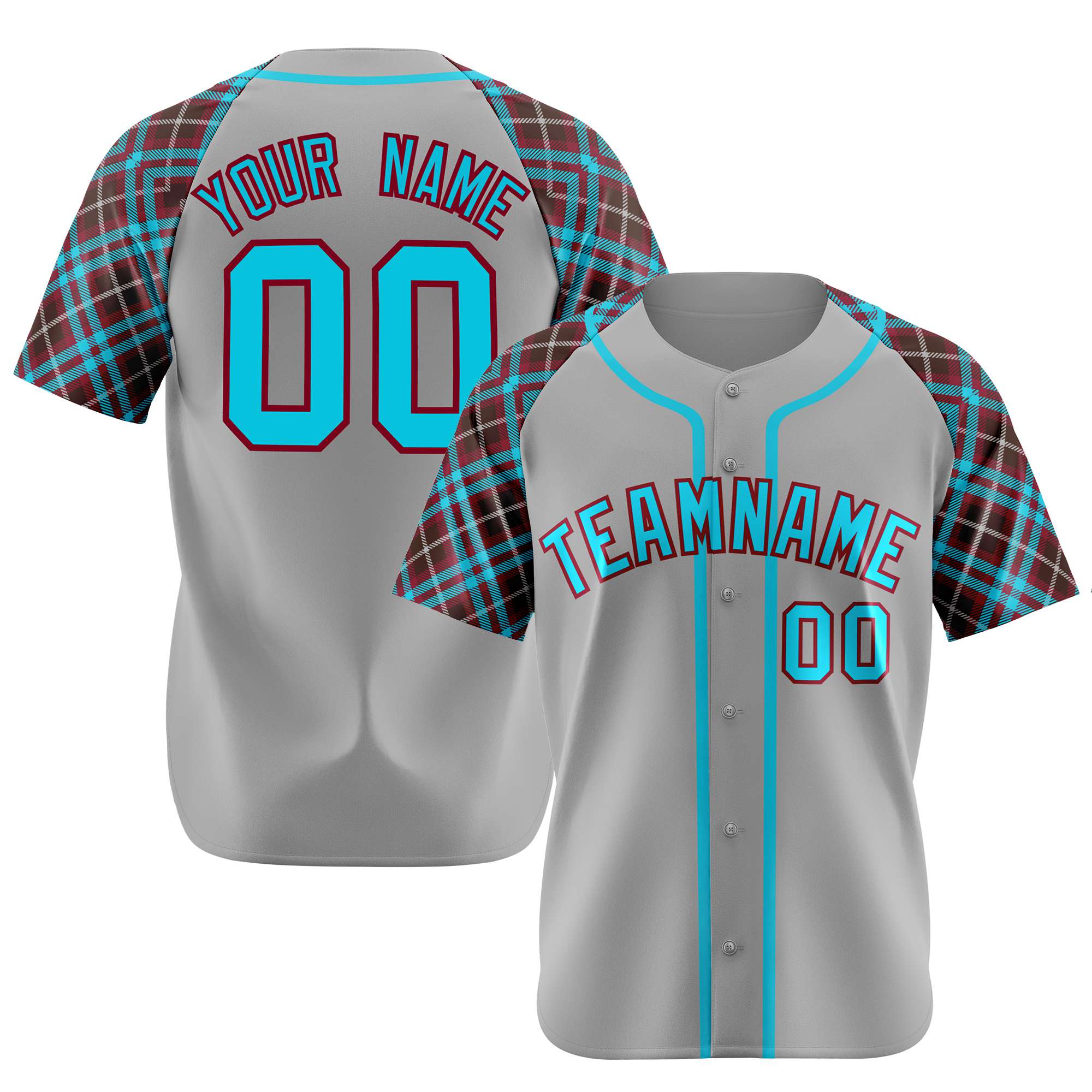 Custom Gray Blue-Brown Authentic Plaid sleeve Baseball Jersey