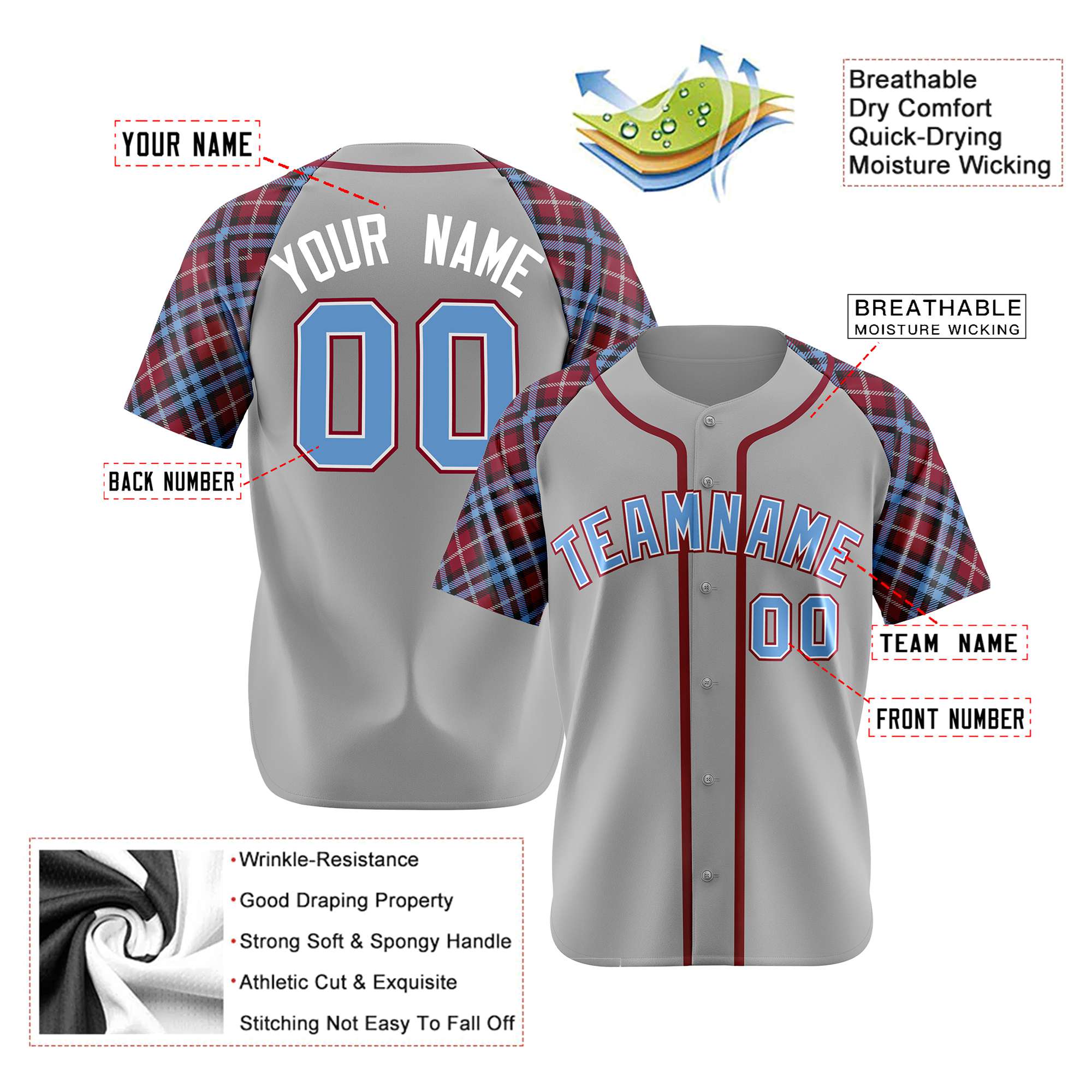 Custom Gray Blue-Red White Authentic Plaid sleeve Baseball Jersey